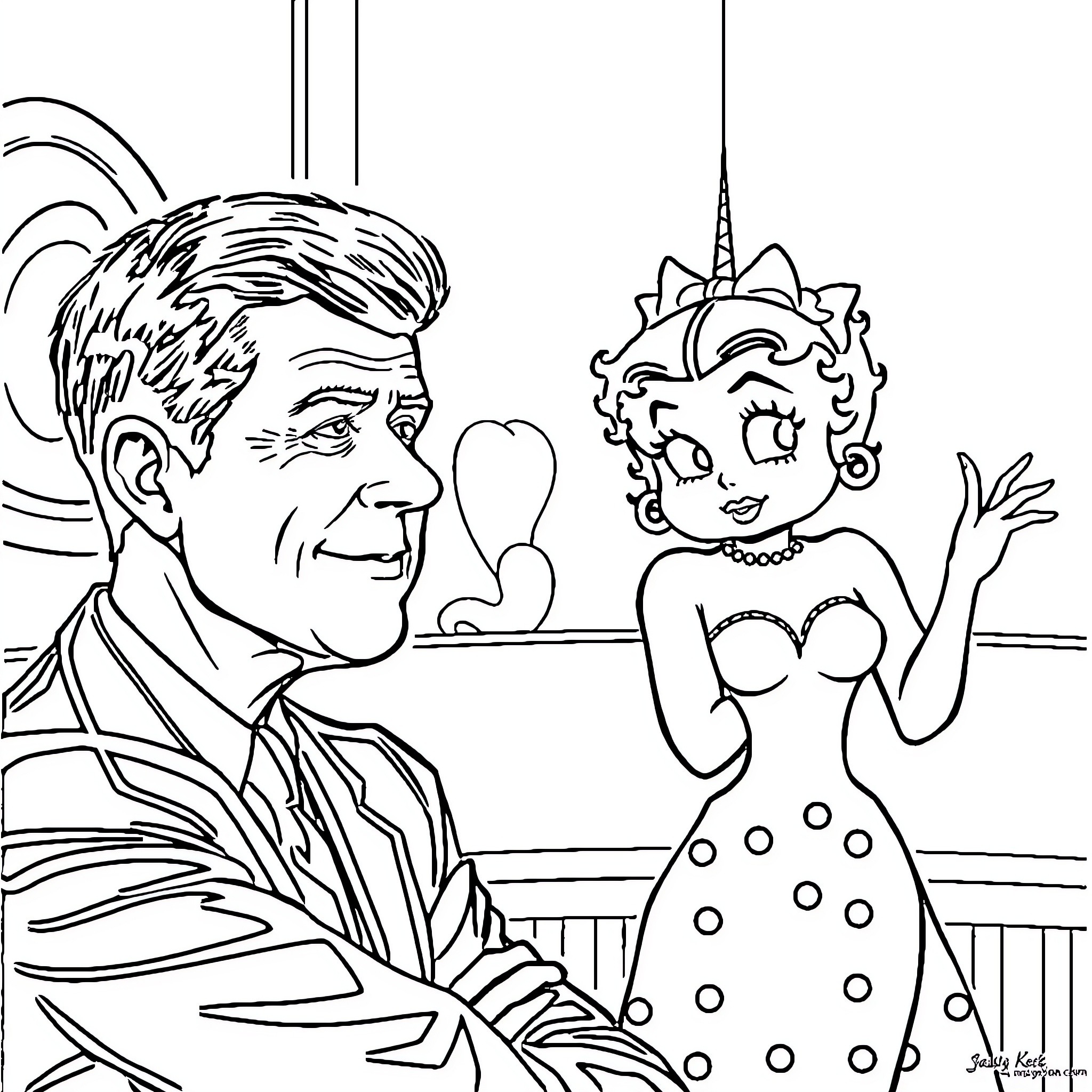 JFK interacting with whimsical woman in polka dot dress Coloring Page (free black-and-white line drawing printable PDF for all, from beginners to advanced learners, including children, teens, adults, and seniors)