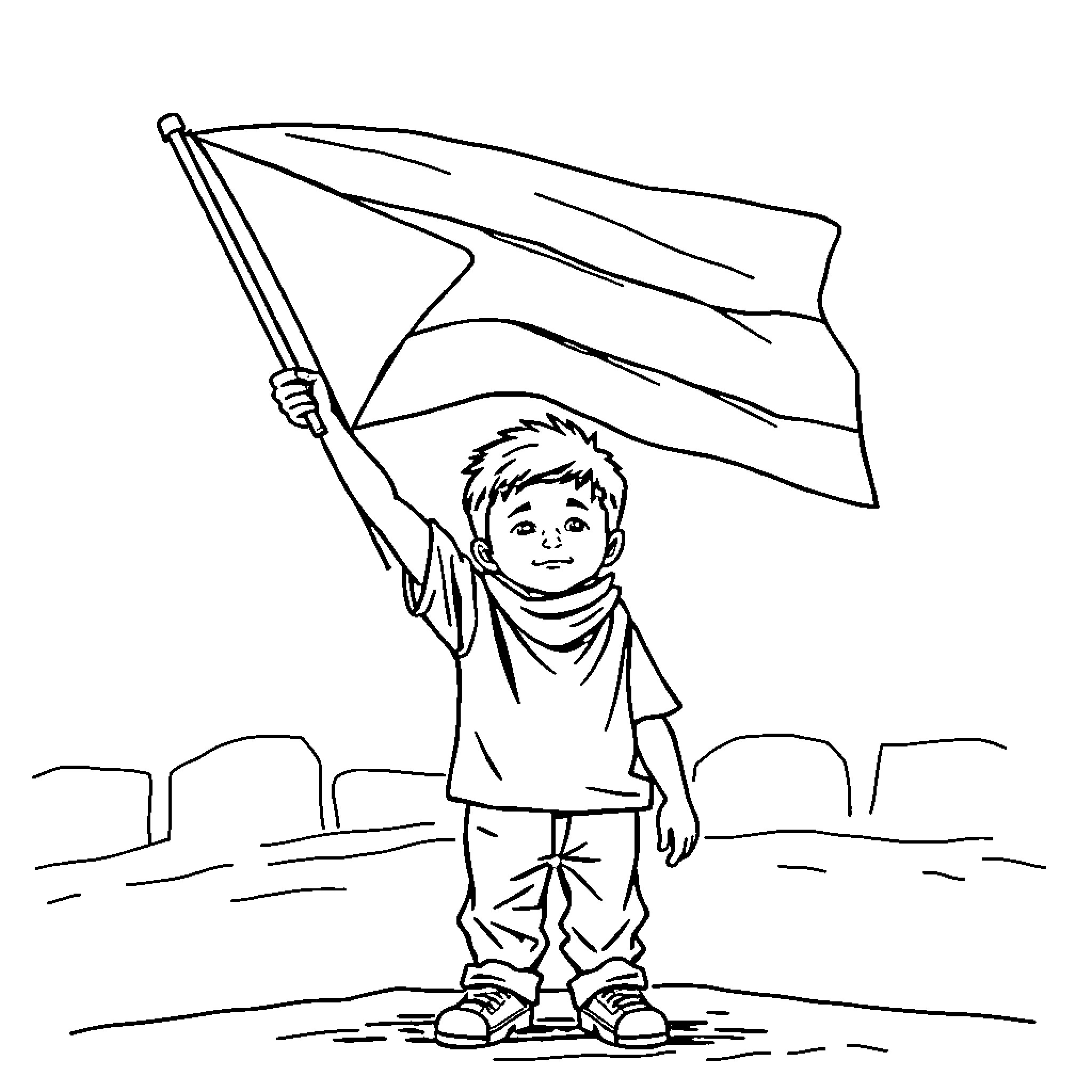 Handala holding the flag proudly Coloring Page (free black-and-white line drawing printable PDF for all, from beginners to advanced learners, including children, teens, adults, and seniors)