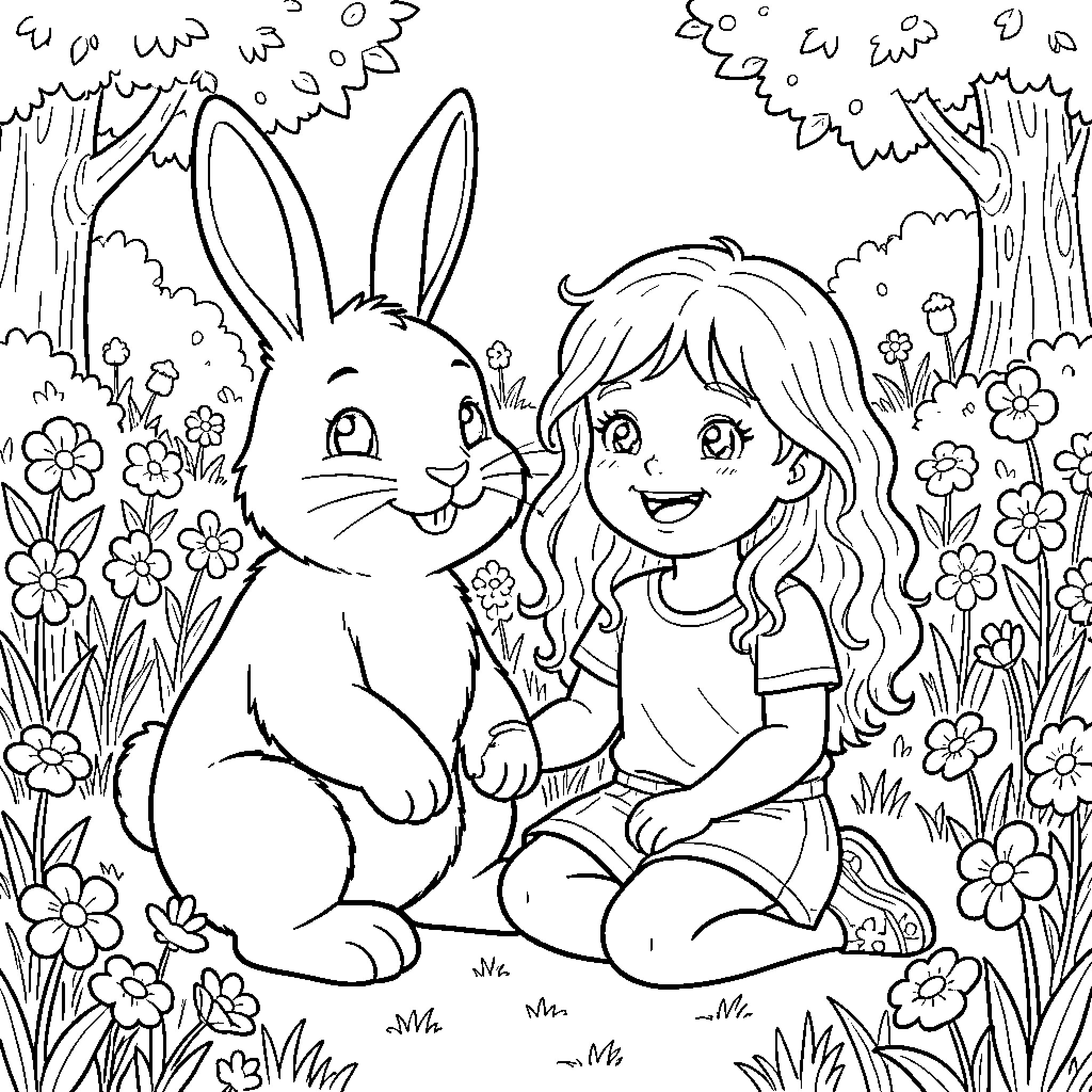 Easter Bunny and Girl Playing in Flower Garden Coloring Page (free black-and-white line drawing printable PDF for all, from beginners to advanced learners, including children, teens, adults, and seniors)