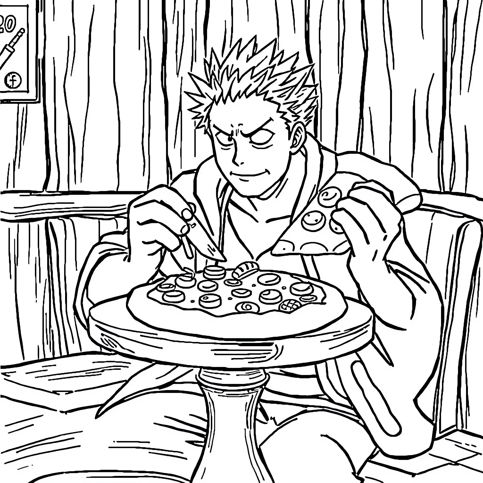 Zoro enjoying a meal in a cozy setting Coloring Page (free black-and-white line drawing printable PDF for all, from beginners to advanced learners, including children, teens, adults, and seniors)