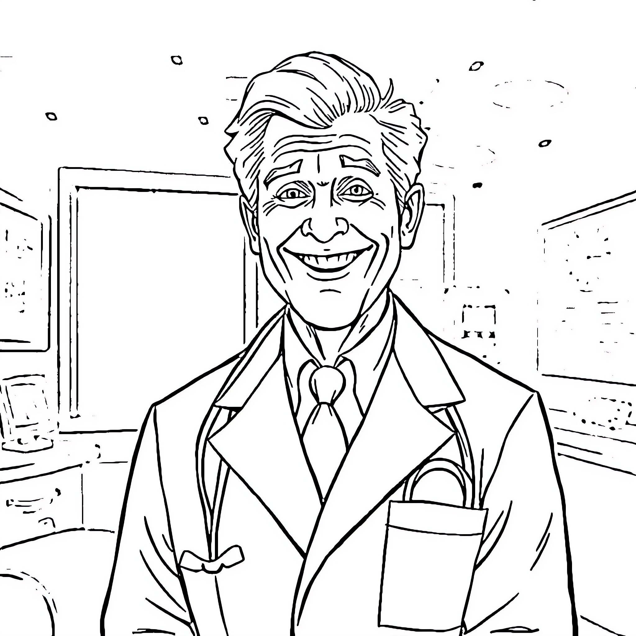 Dick Van Dyke's Cheerful Portrayal of a Professional Coloring Page (free black-and-white line drawing printable PDF for all, from beginners to advanced learners, including children, teens, adults, and seniors)