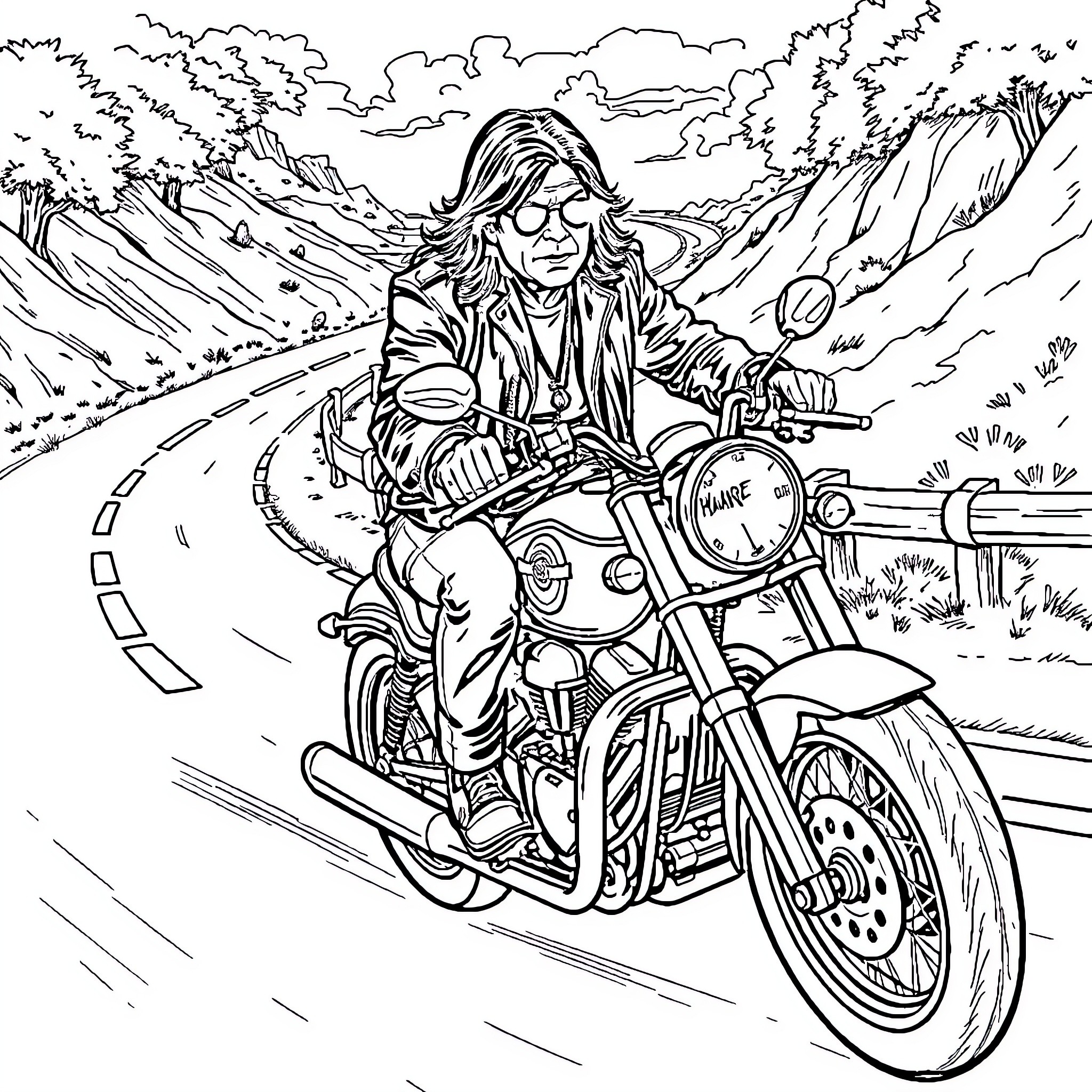 Ozzy Osbourne riding motorcycle through scenic landscape Coloring Page (free black-and-white line drawing printable PDF for all, from beginners to advanced learners, including children, teens, adults, and seniors)