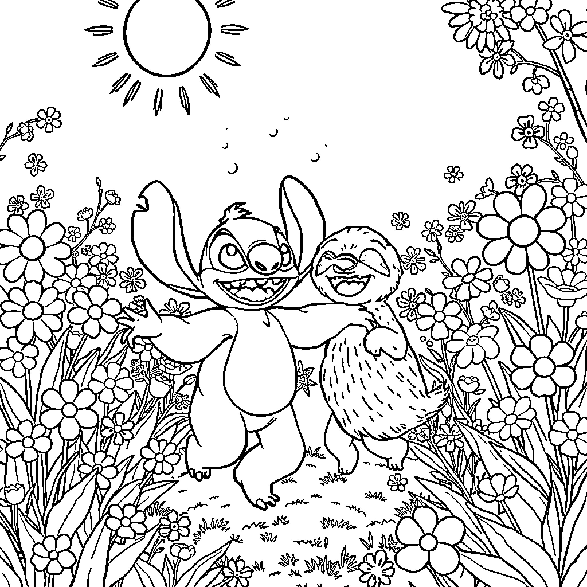 Stitch hugs Scrump in a floral paradise Coloring Page (free black-and-white line drawing printable PDF for all, from beginners to advanced learners, including children, teens, adults, and seniors)