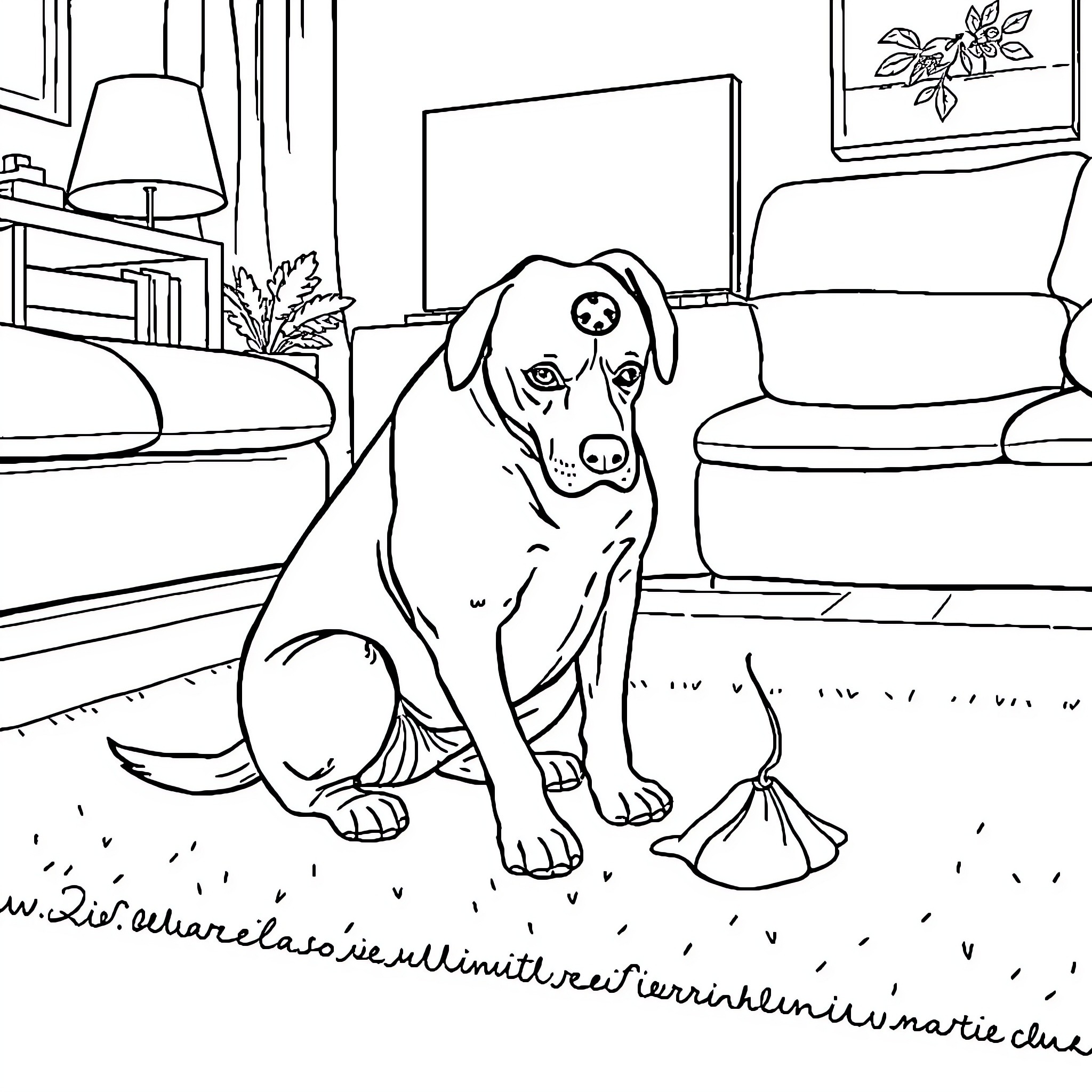 Dog relaxing peacefully in a cozy indoor setting Coloring Page (free black-and-white line drawing printable PDF for all, from beginners to advanced learners, including children, teens, adults, and seniors)