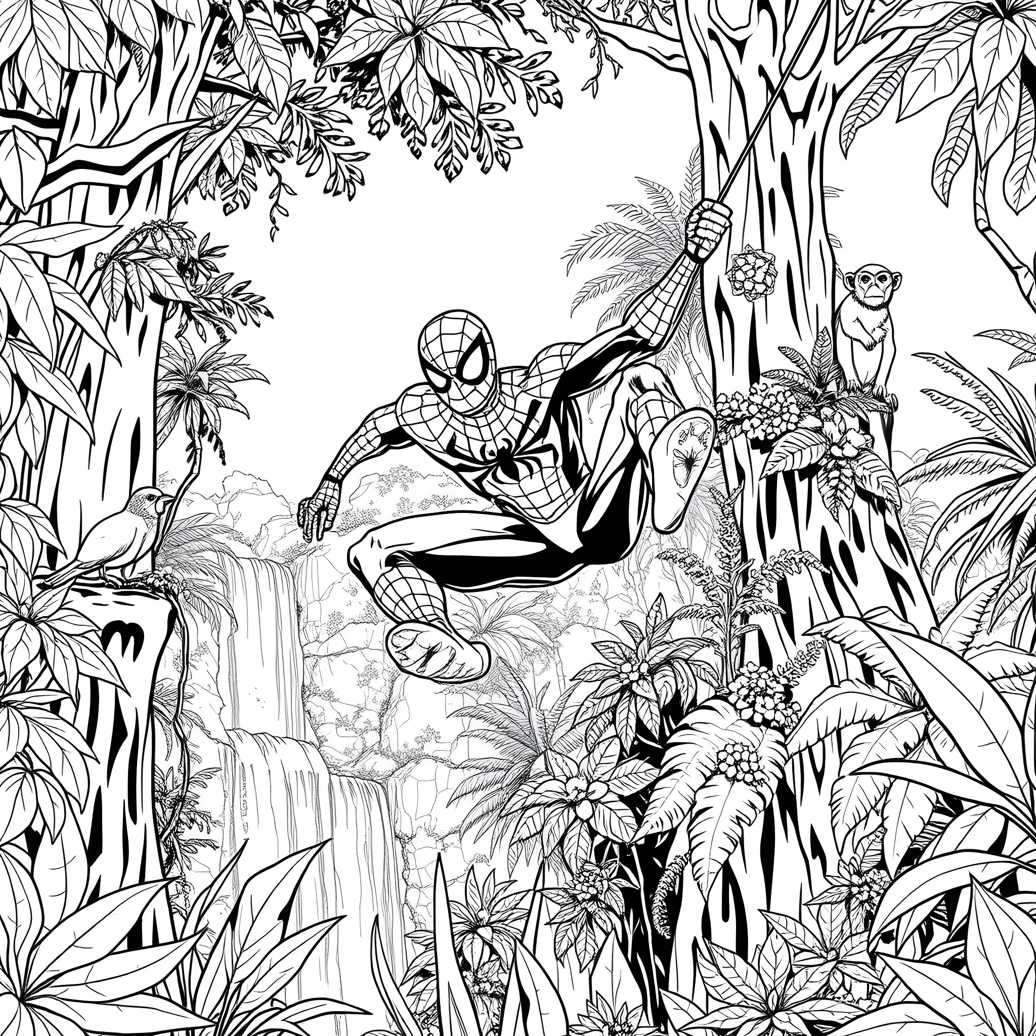 Spider-Man exploring the lush jungle Coloring Page (free black-and-white line drawing printable PDF for all, from beginners to advanced learners, including children, teens, adults, and seniors)