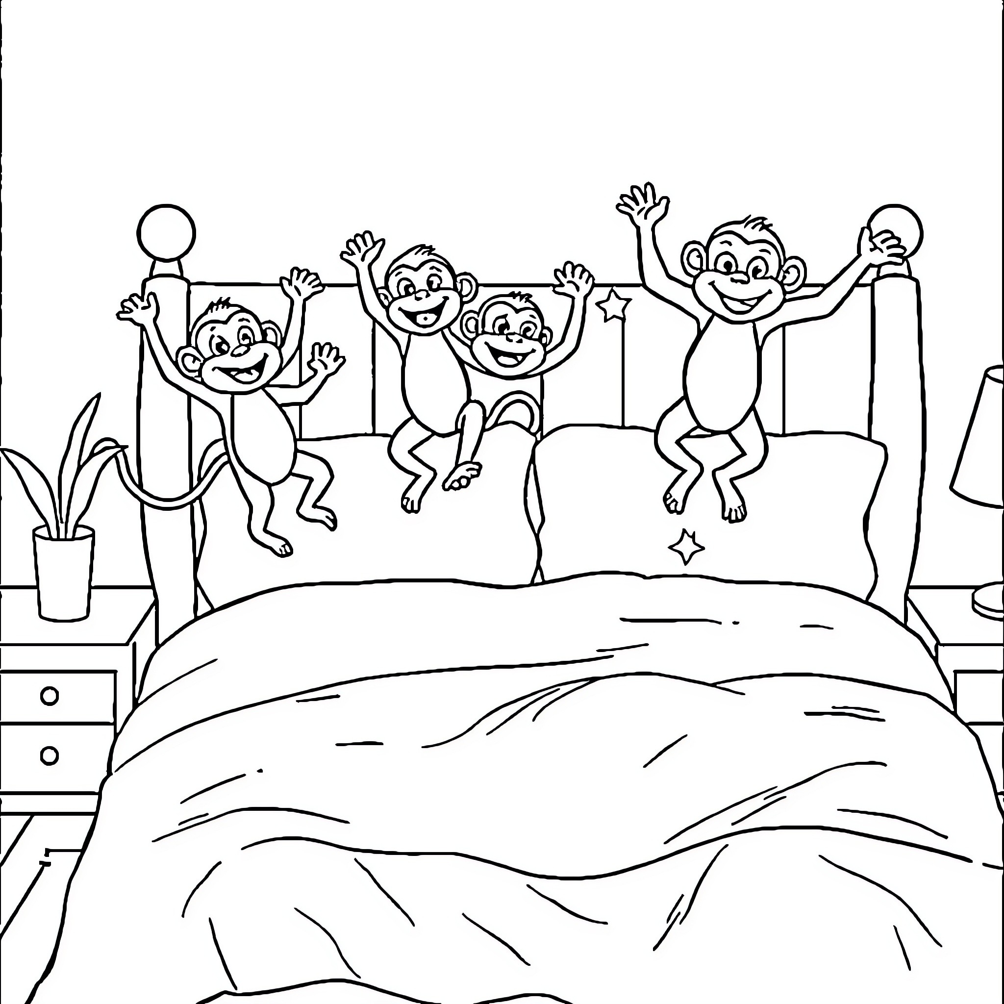 Monkeys Jumping Joyfully on the Bed Coloring Page (free black-and-white line drawing printable PDF for all, from beginners to advanced learners, including children, teens, adults, and seniors)