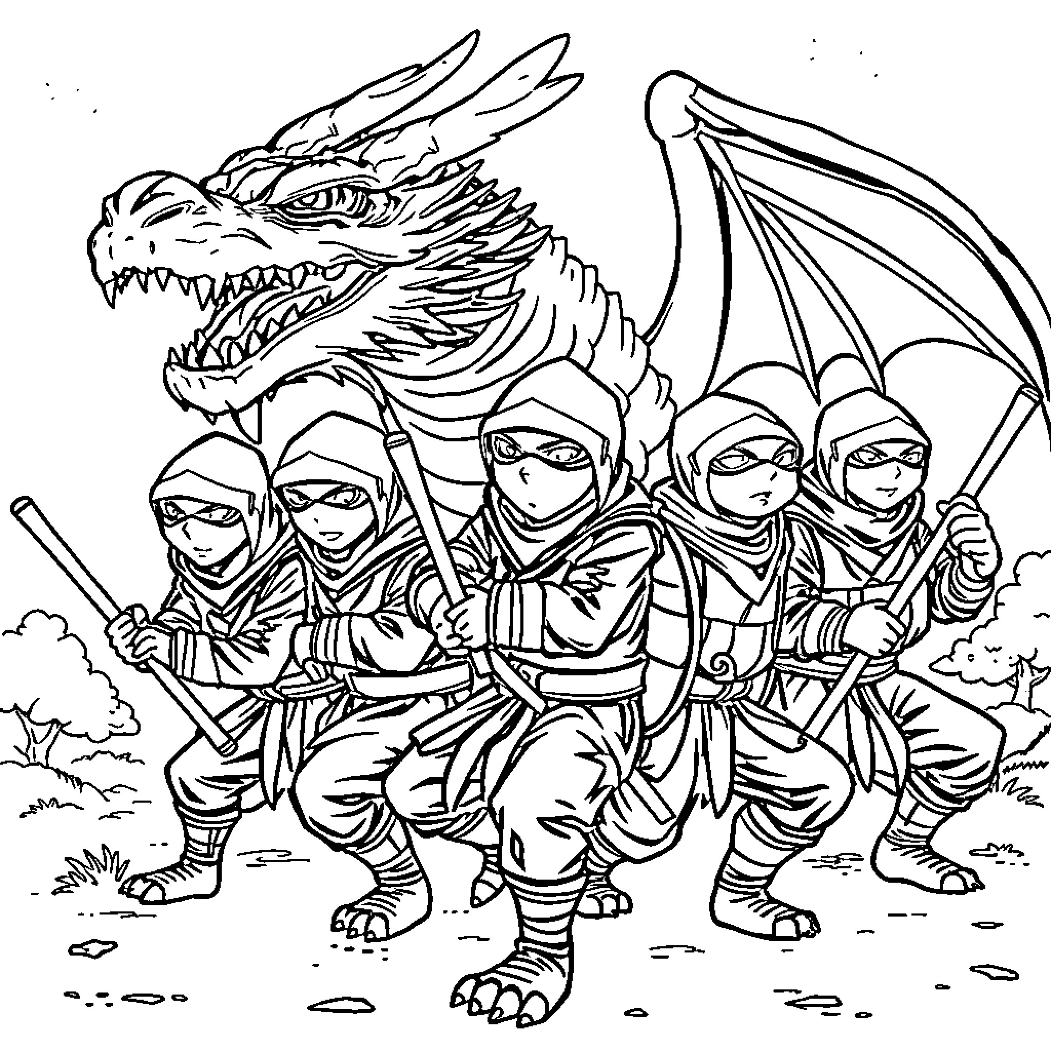 Turtle warriors riding a dragon into battle Coloring Page (free black-and-white line drawing printable PDF for all, from beginners to advanced learners, including children, teens, adults, and seniors)