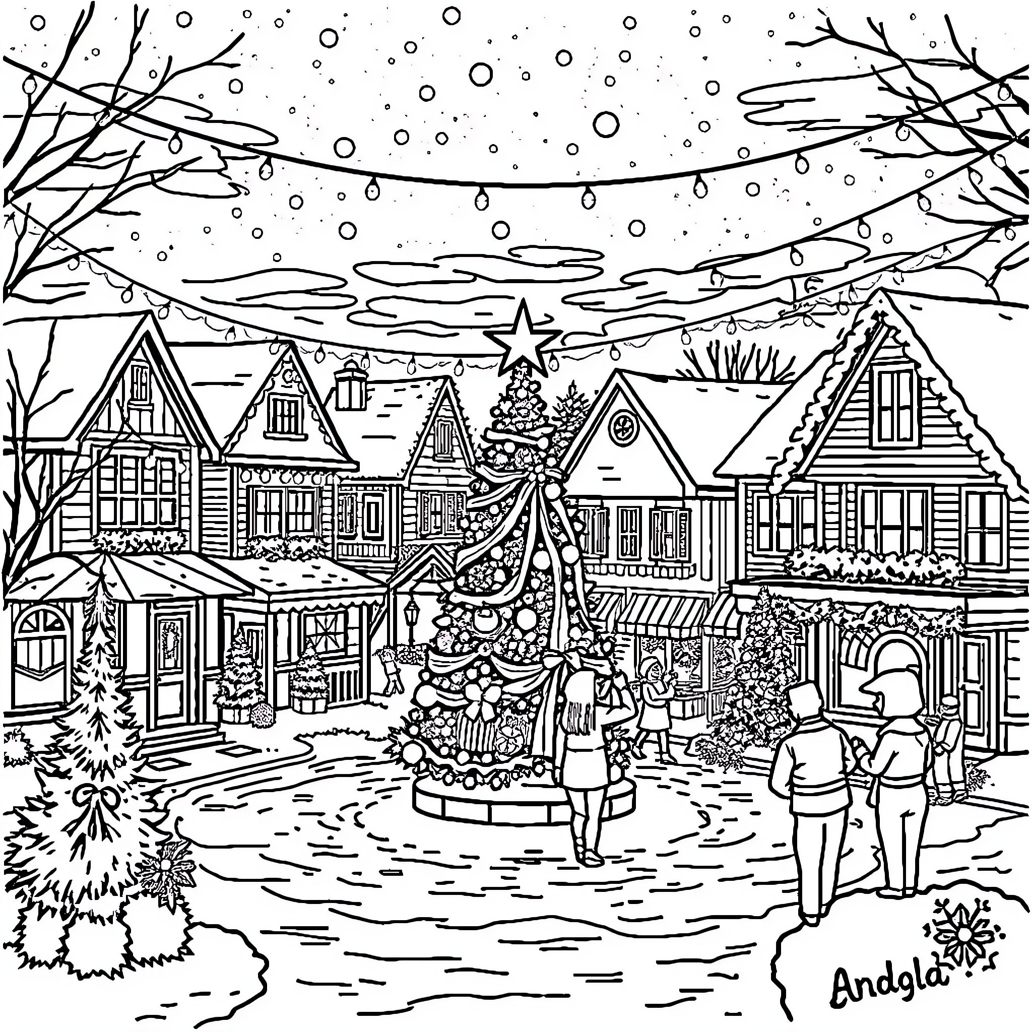 Christmas at a Snowy Quaint Village Coloring Page (free black-and-white line drawing printable PDF for all, from beginners to advanced learners, including children, teens, adults, and seniors)