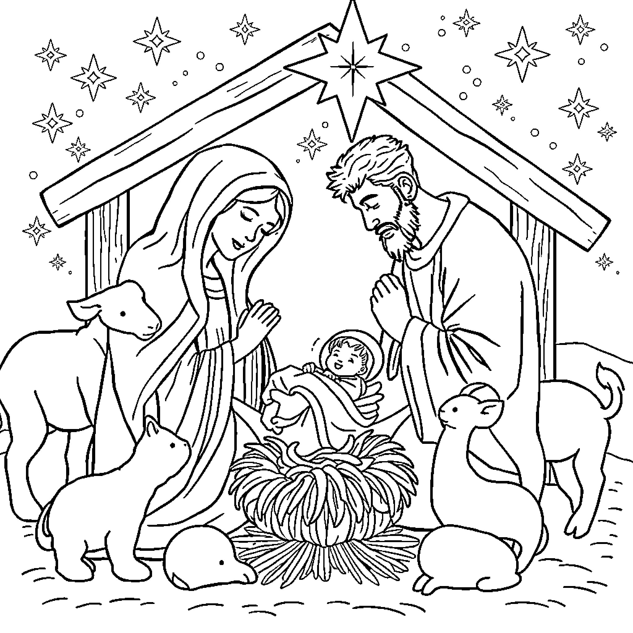Nativity scene with holy family and animals Coloring Page (free black-and-white line drawing printable PDF for all, from beginners to advanced learners, including children, teens, adults, and seniors)