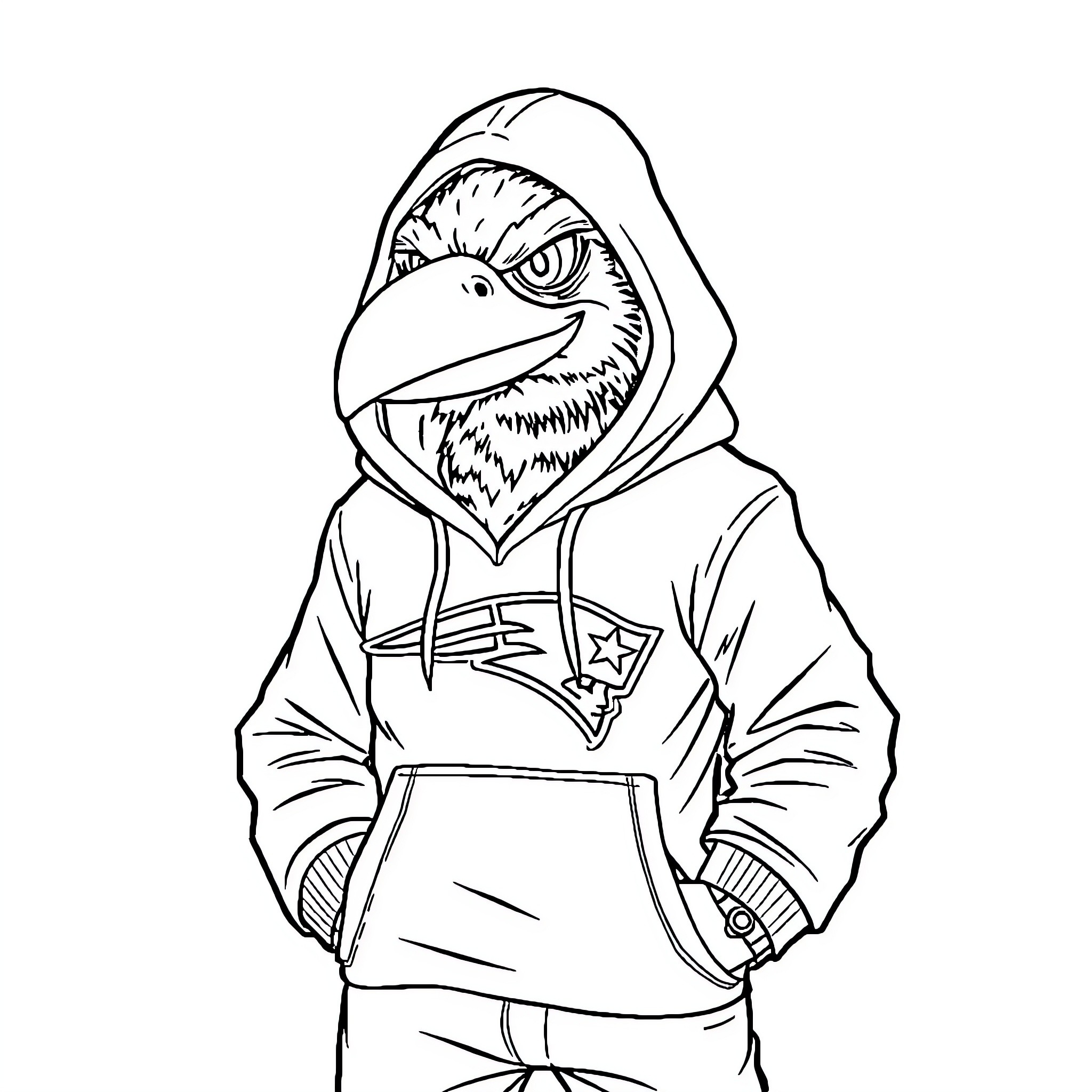 Crow wearing a hooded sweatshirt with attitude Coloring Page (free black-and-white line drawing printable PDF for all, from beginners to advanced learners, including children, teens, adults, and seniors)