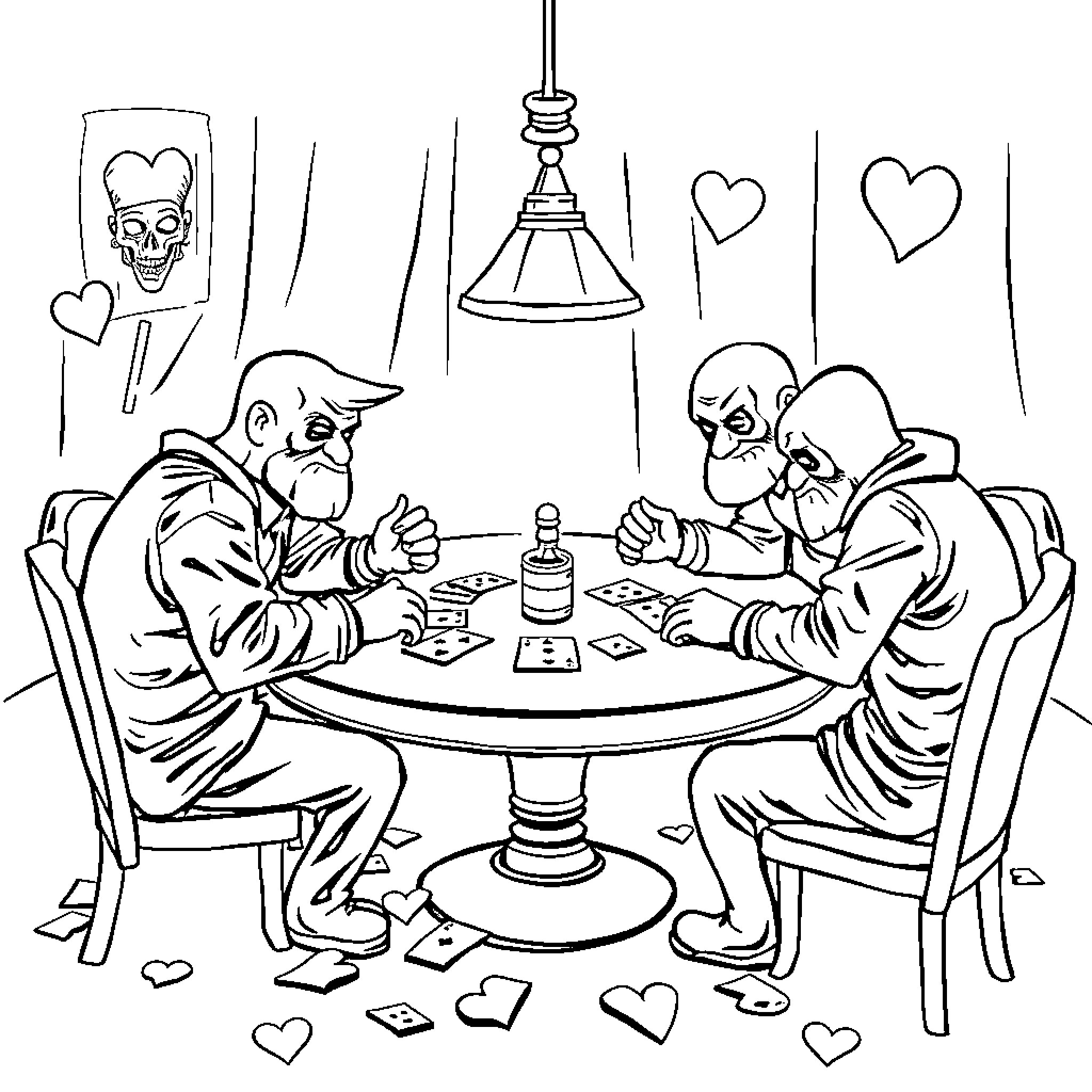 Card Sharks Engaged in a Tense Gambling Showdown Coloring Page (free black-and-white line drawing printable PDF for all, from beginners to advanced learners, including children, teens, adults, and seniors)