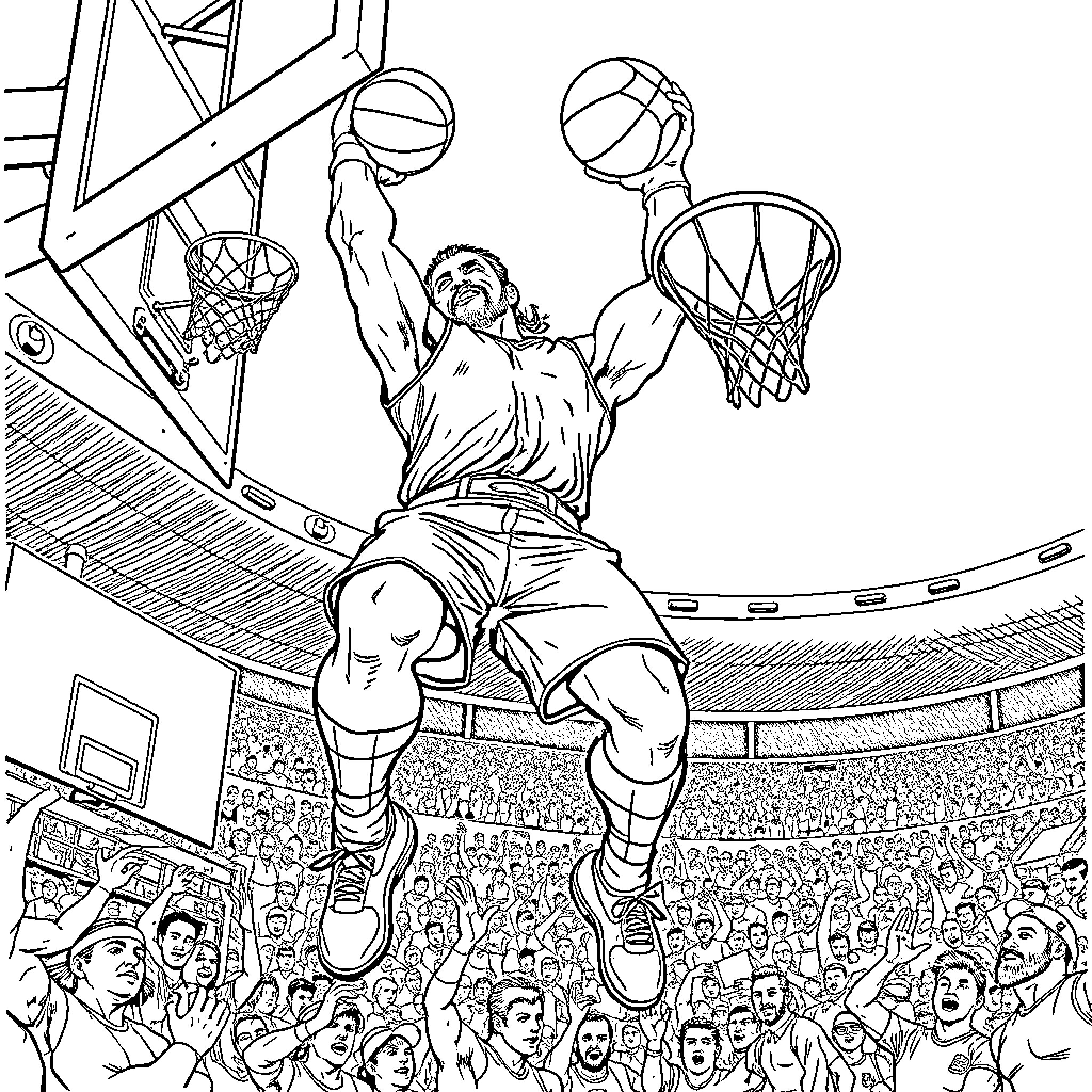 Hulk Hogan's Slam Dunk Performance on the Basketball Court Coloring Page (free black-and-white line drawing printable PDF for all, from beginners to advanced learners, including children, teens, adults, and seniors)