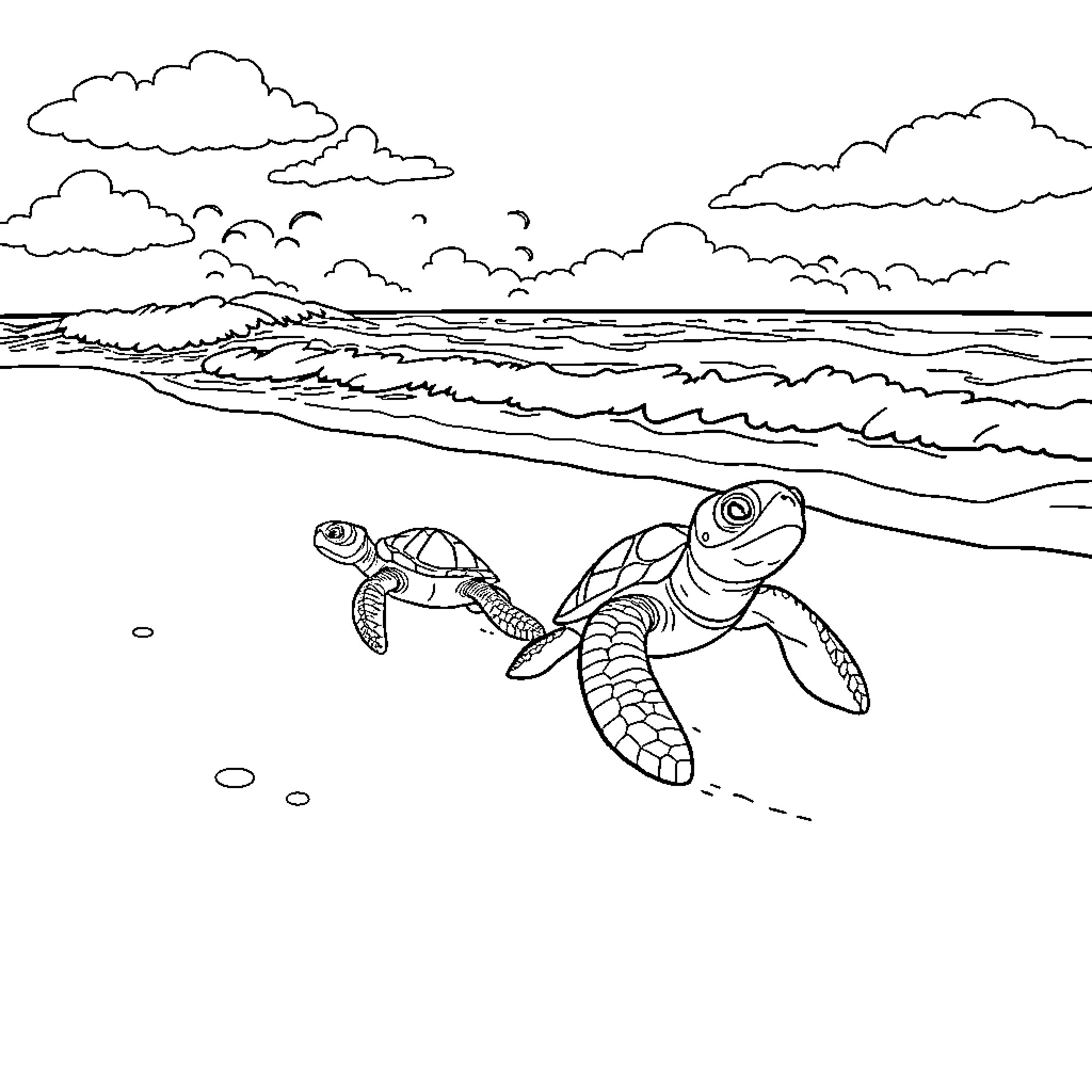 Turtle swimming in the ocean Coloring Page (free black-and-white line drawing printable PDF for all, from beginners to advanced learners, including children, teens, adults, and seniors)