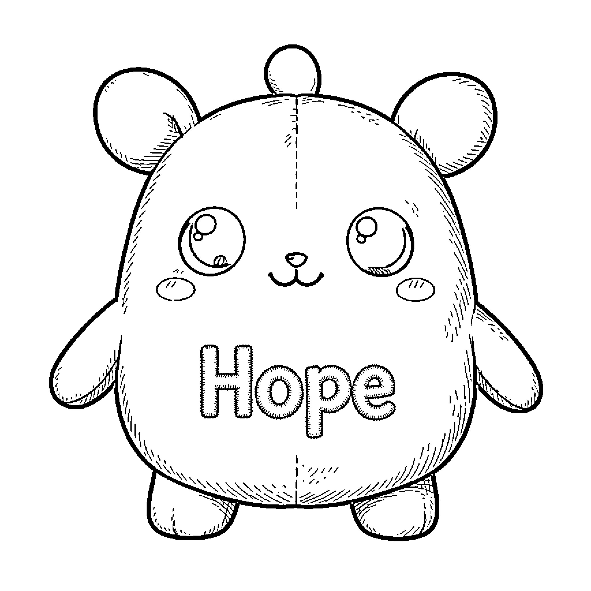 Bellzi cute character smiling with the word Hope Coloring Page (free black-and-white line drawing printable PDF for all, from beginners to advanced learners, including children, teens, adults, and seniors)