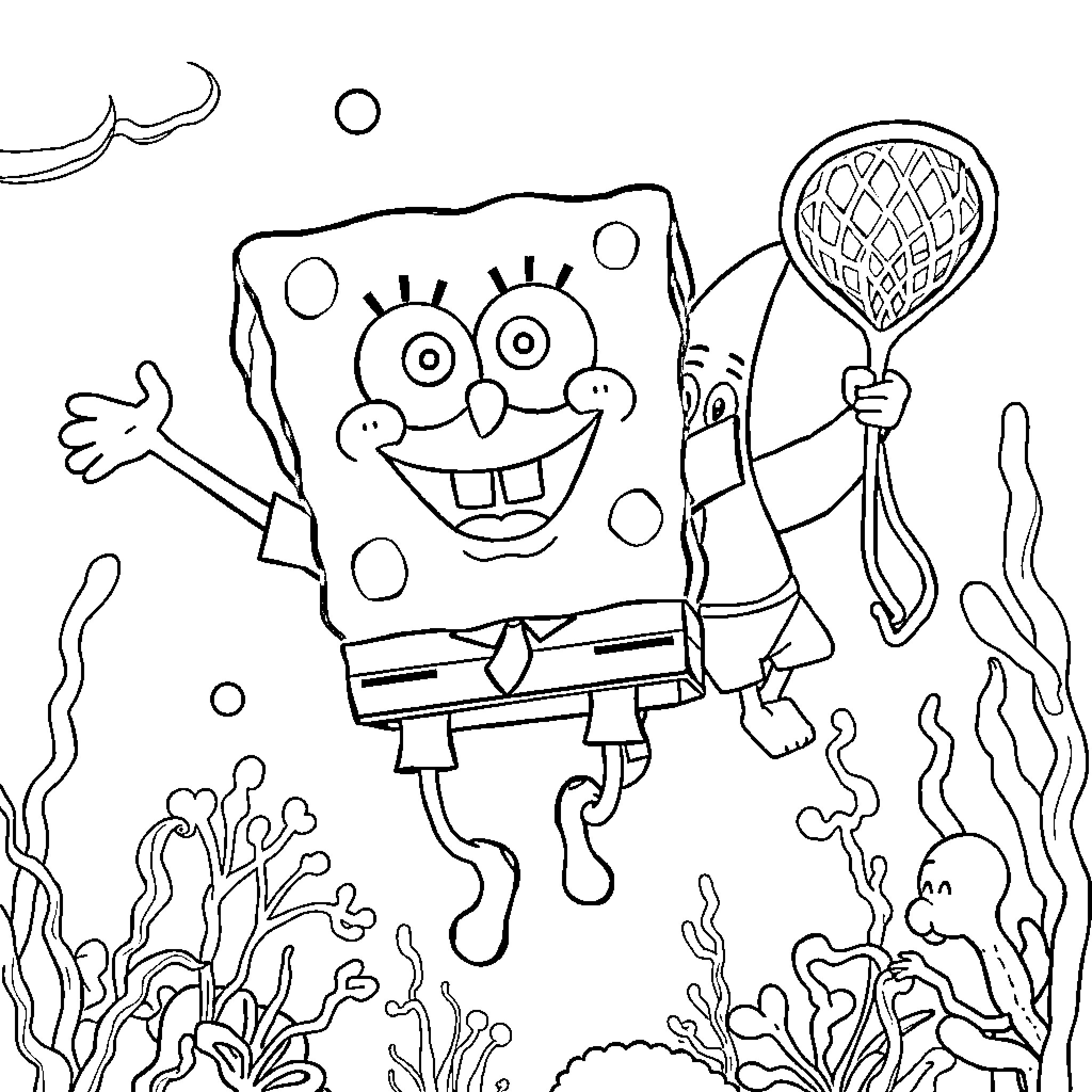 Spongebob enjoying underwater adventures with net Coloring Page (free black-and-white line drawing printable PDF for all, from beginners to advanced learners, including children, teens, adults, and seniors)
