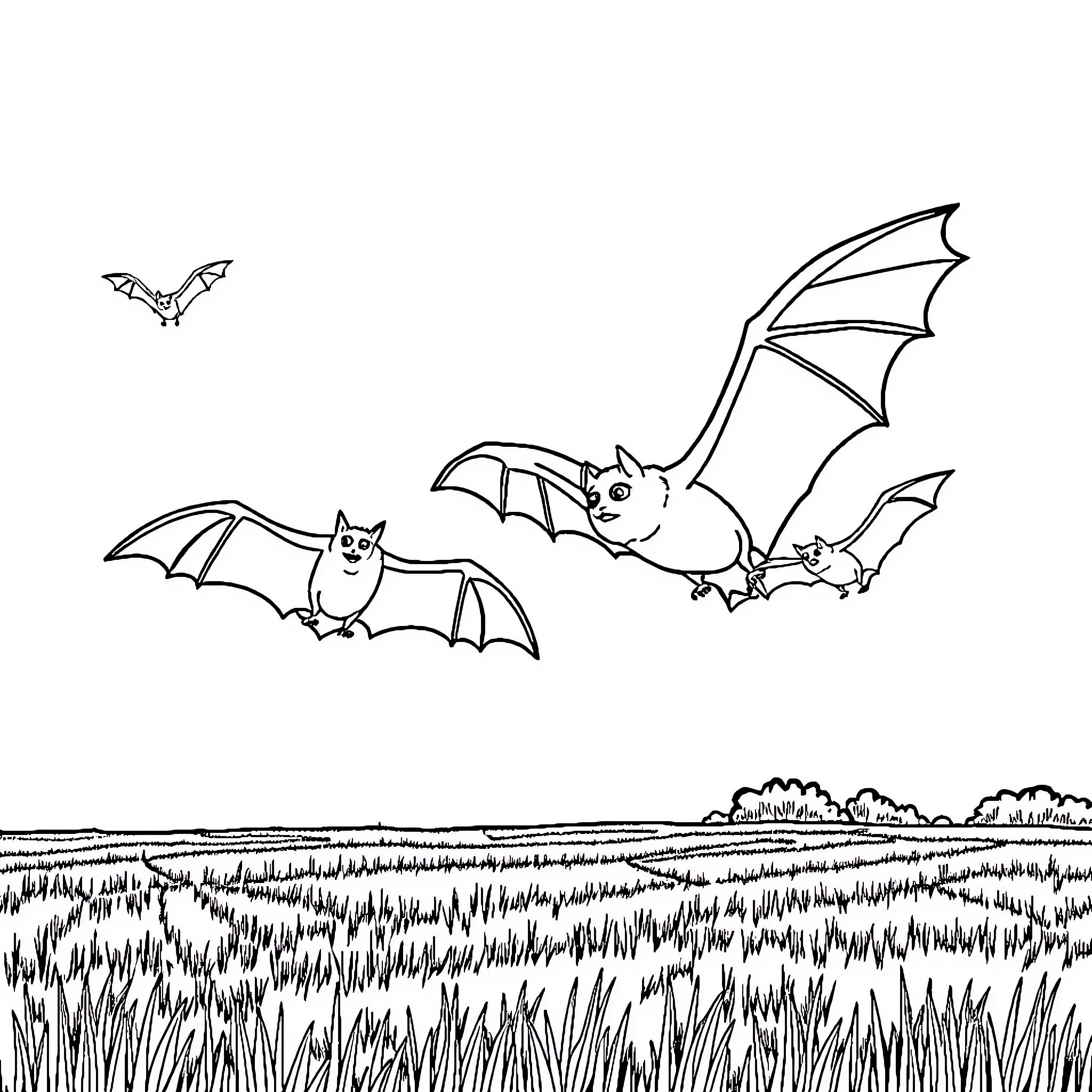 Bats flying over a grassy field Coloring Page (free black-and-white line drawing printable PDF for all, from beginners to advanced learners, including children, teens, adults, and seniors)