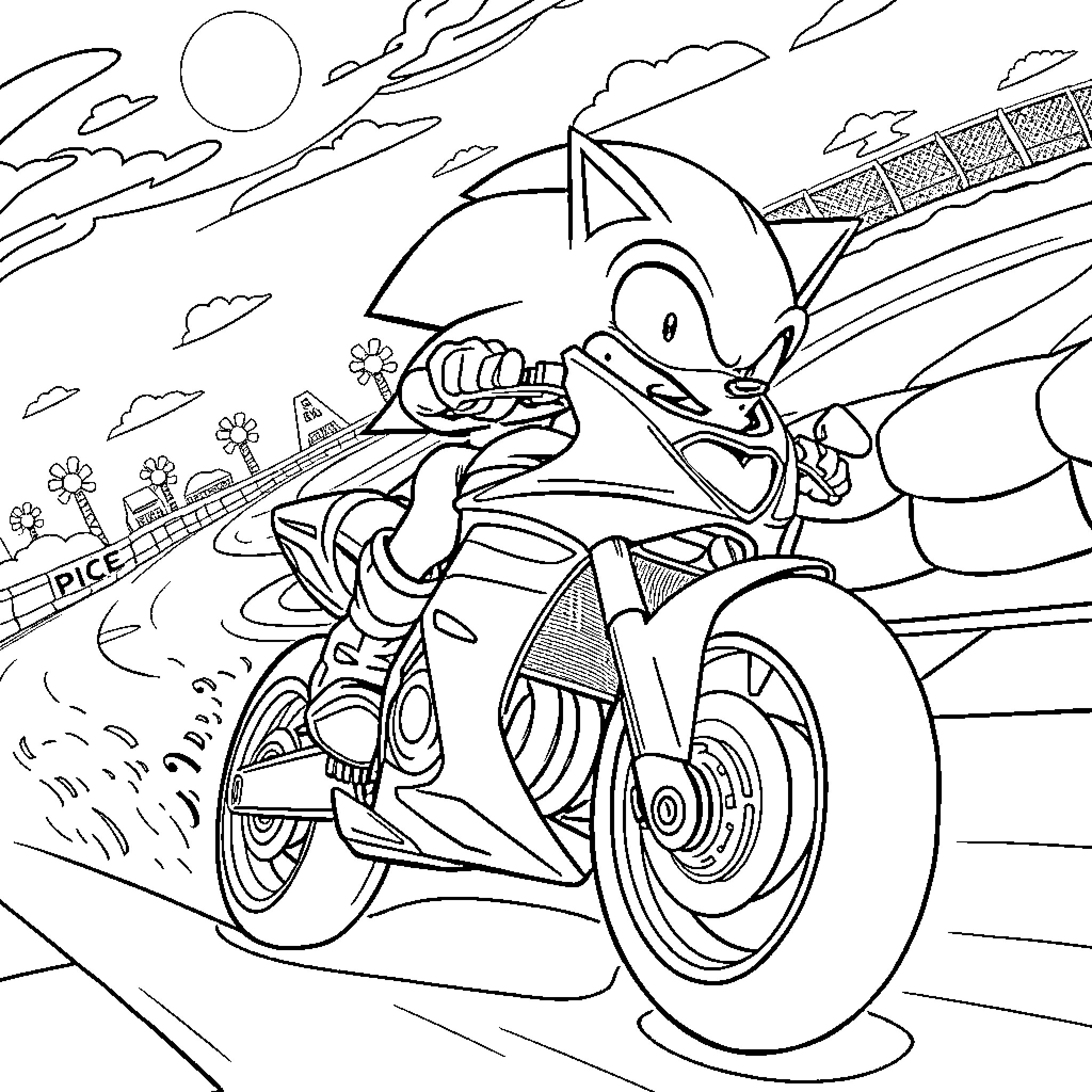 Sonic's Thrilling Motorcycle Adventure Coloring Page (free black-and-white line drawing printable PDF for all, from beginners to advanced learners, including children, teens, adults, and seniors)