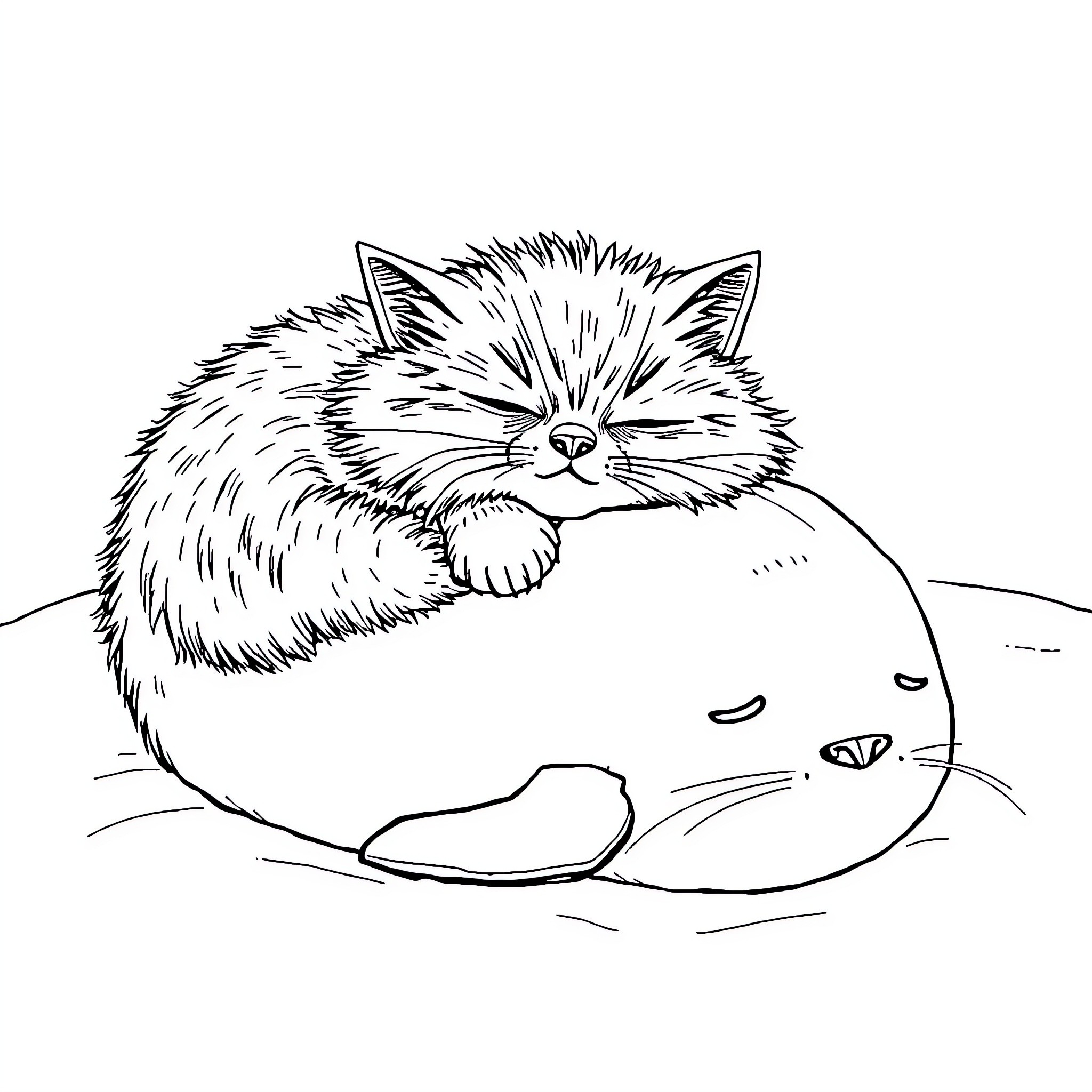 Cat napping peacefully on the ground Coloring Page (free black-and-white line drawing printable PDF for all, from beginners to advanced learners, including children, teens, adults, and seniors)