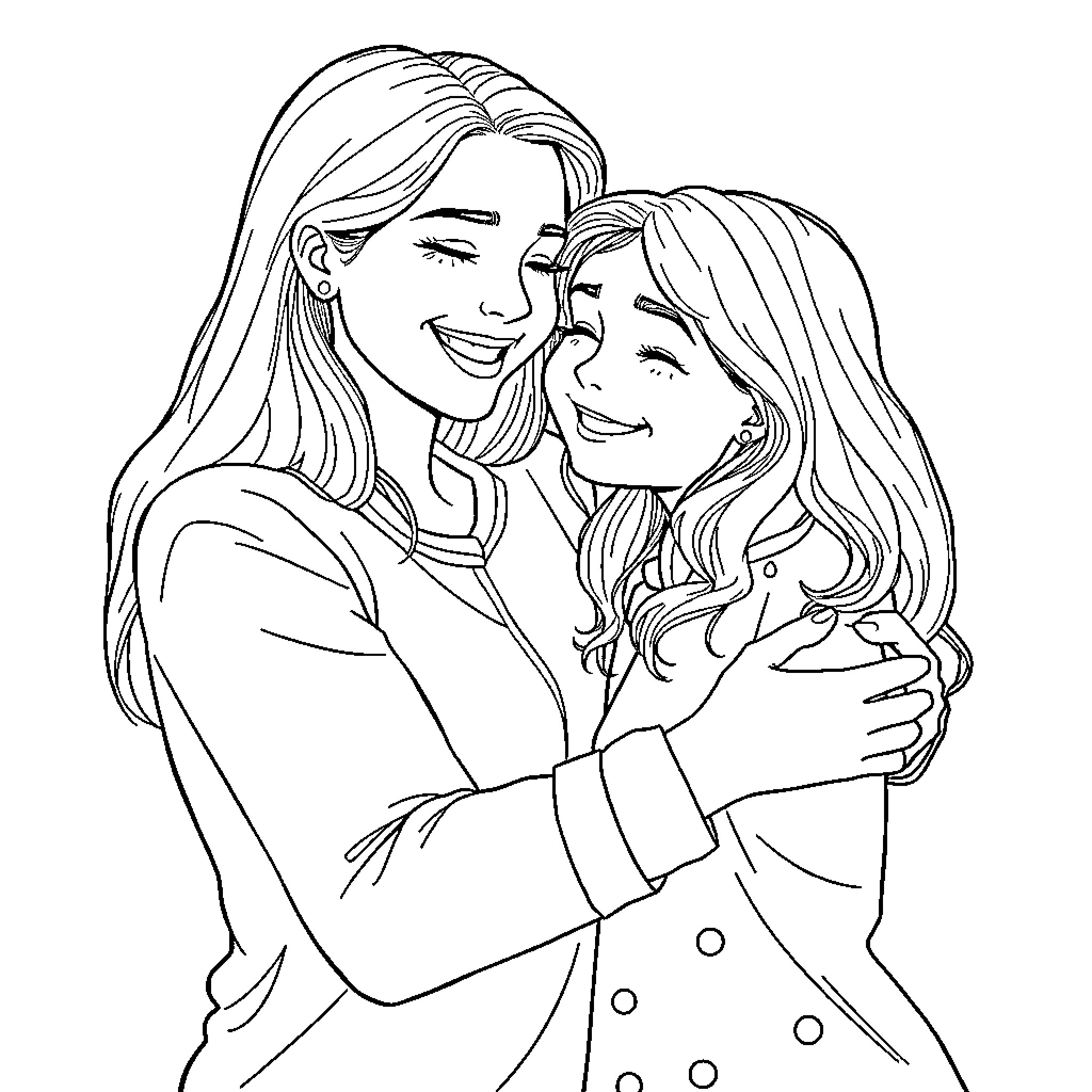 Hug of affection between two women Coloring Page (free black-and-white line drawing printable PDF for all, from beginners to advanced learners, including children, teens, adults, and seniors)