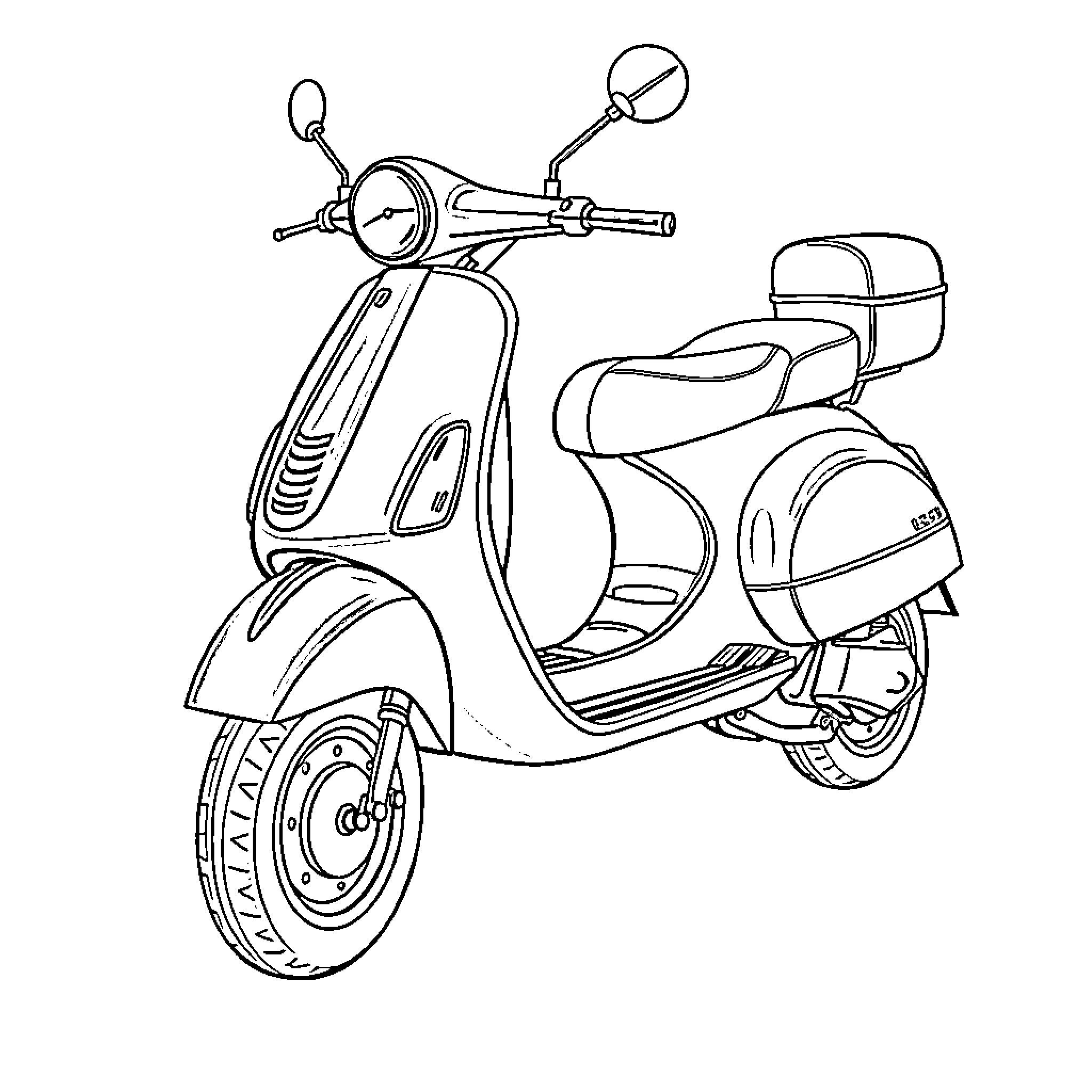 Vespa scooter illustration with distinctive features Coloring Page (free black-and-white line drawing printable PDF for all, from beginners to advanced learners, including children, teens, adults, and seniors)