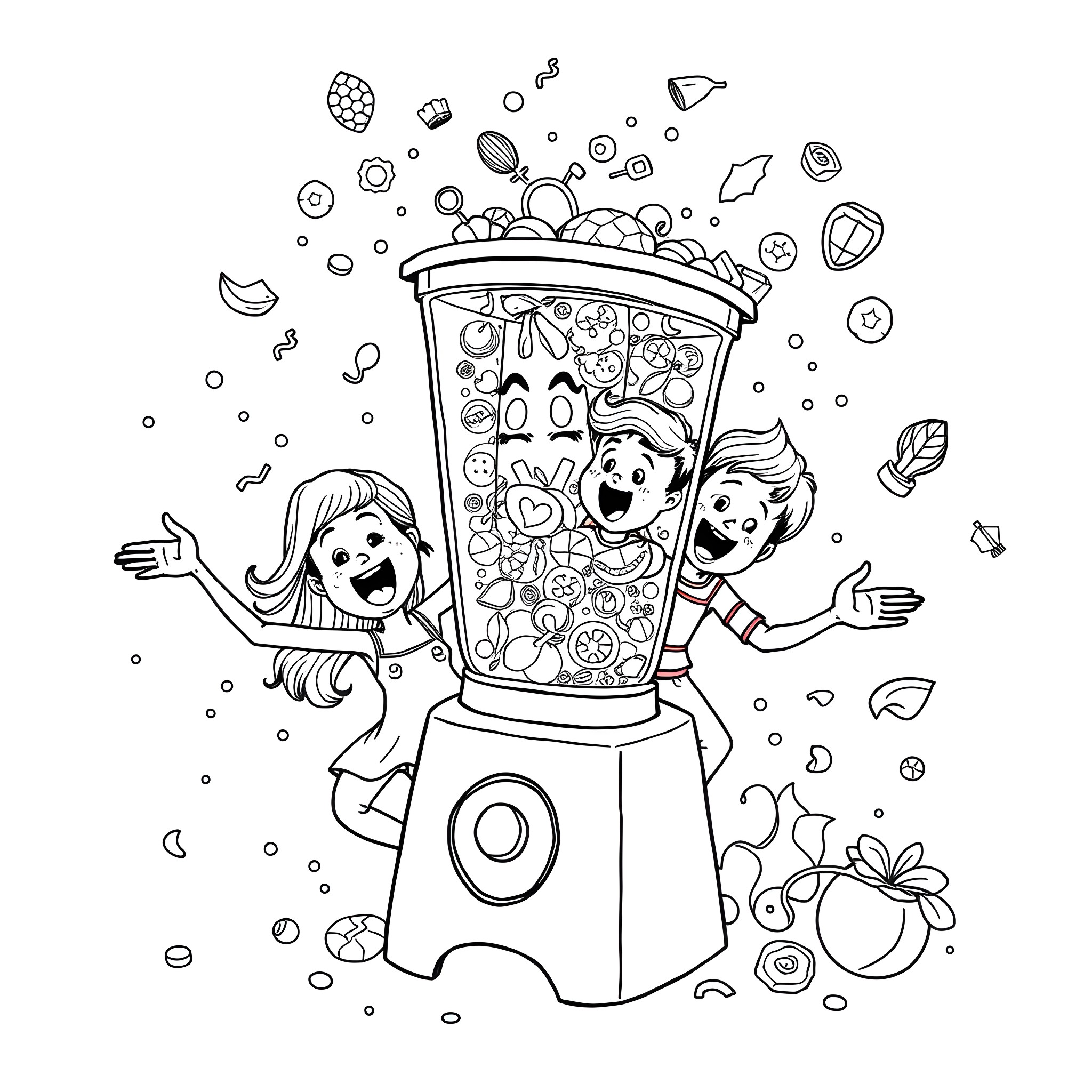 Person playing with a blender filled with fruits and vegetables Coloring Page (free black-and-white line drawing printable PDF for all, from beginners to advanced learners, including children, teens, adults, and seniors)