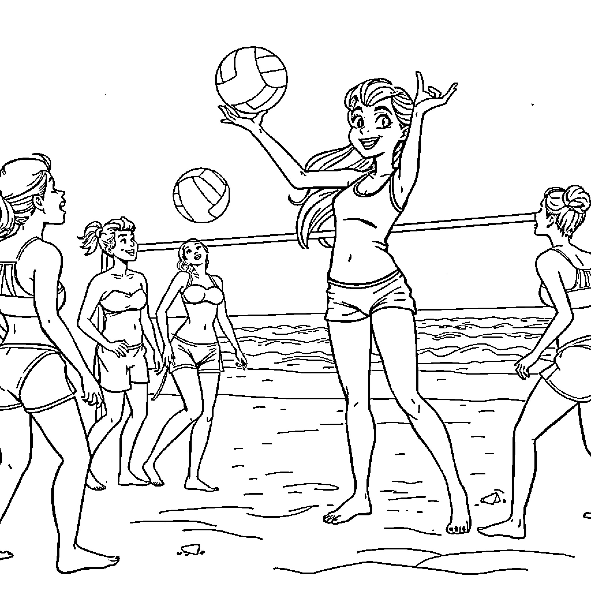 Girl enjoying beach volleyball game with friends Coloring Page (free black-and-white line drawing printable PDF for all, from beginners to advanced learners, including children, teens, adults, and seniors)