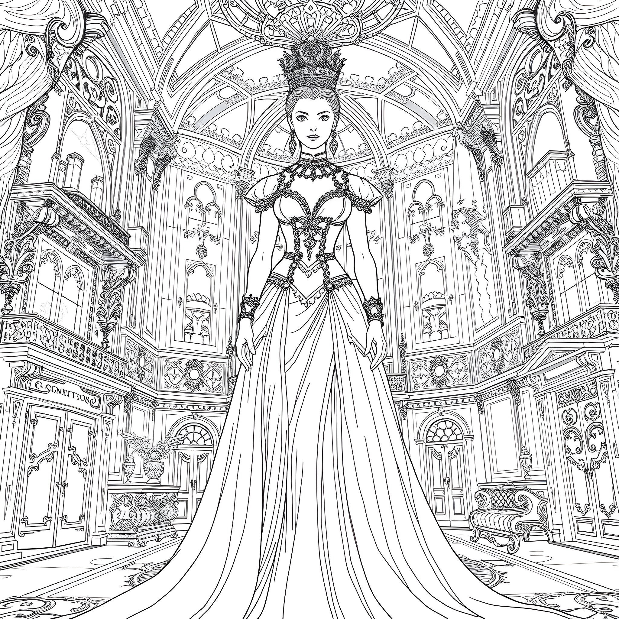 Lady Dimitrescu in an Ornate and Elaborate Palace Coloring Page (free black-and-white line drawing printable PDF for all, from beginners to advanced learners, including children, teens, adults, and seniors)