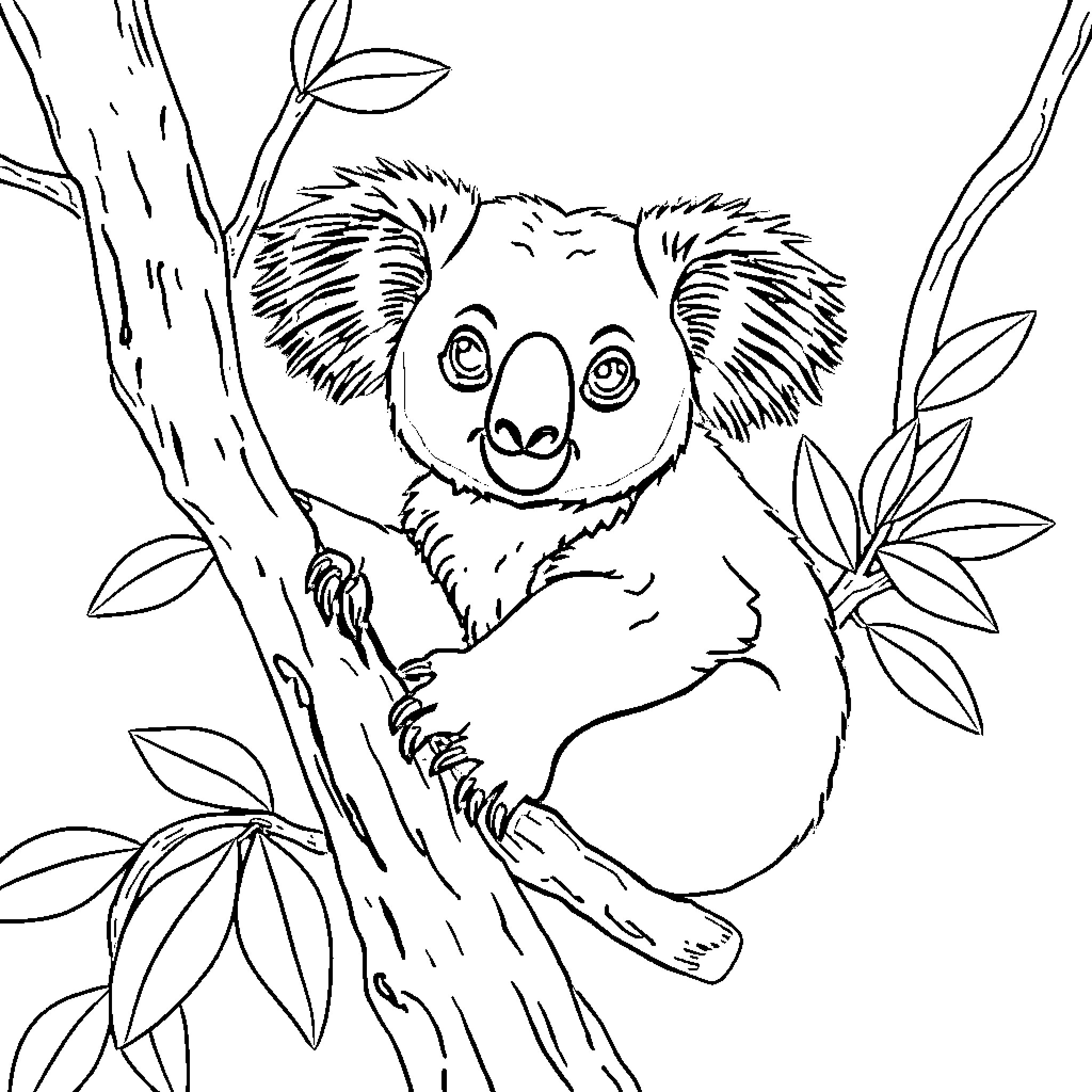 Koala resting peacefully on tree branch Coloring Page (free black-and-white line drawing printable PDF for all, from beginners to advanced learners, including children, teens, adults, and seniors)