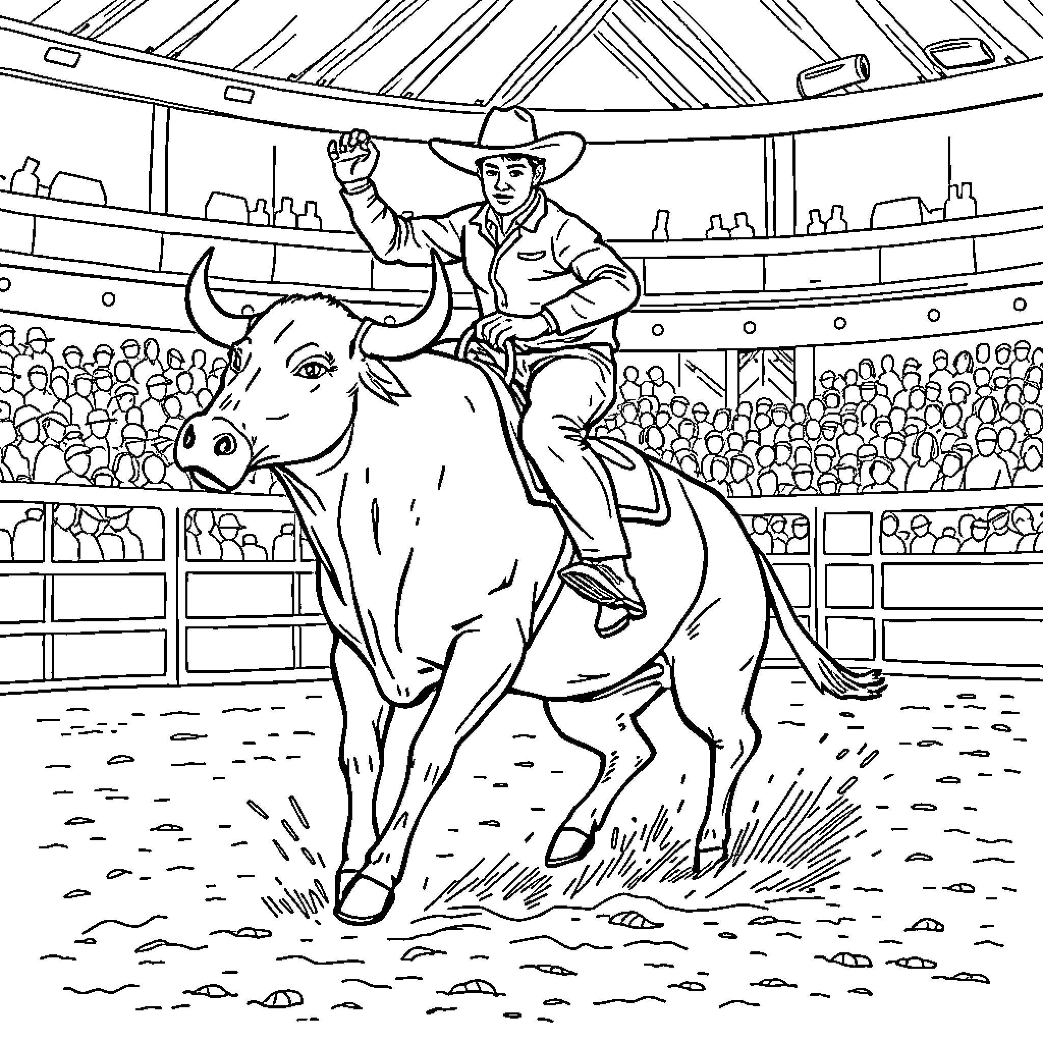 Man riding a bull in a rodeo event Coloring Page (free black-and-white line drawing printable PDF for all, from beginners to advanced learners, including children, teens, adults, and seniors)