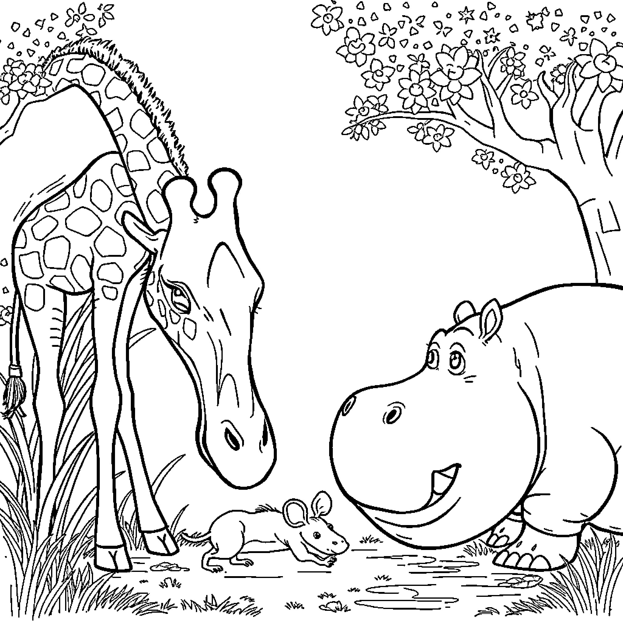 Giraffe and hippo enjoying nature together Coloring Page (free black-and-white line drawing printable PDF for all, from beginners to advanced learners, including children, teens, adults, and seniors)