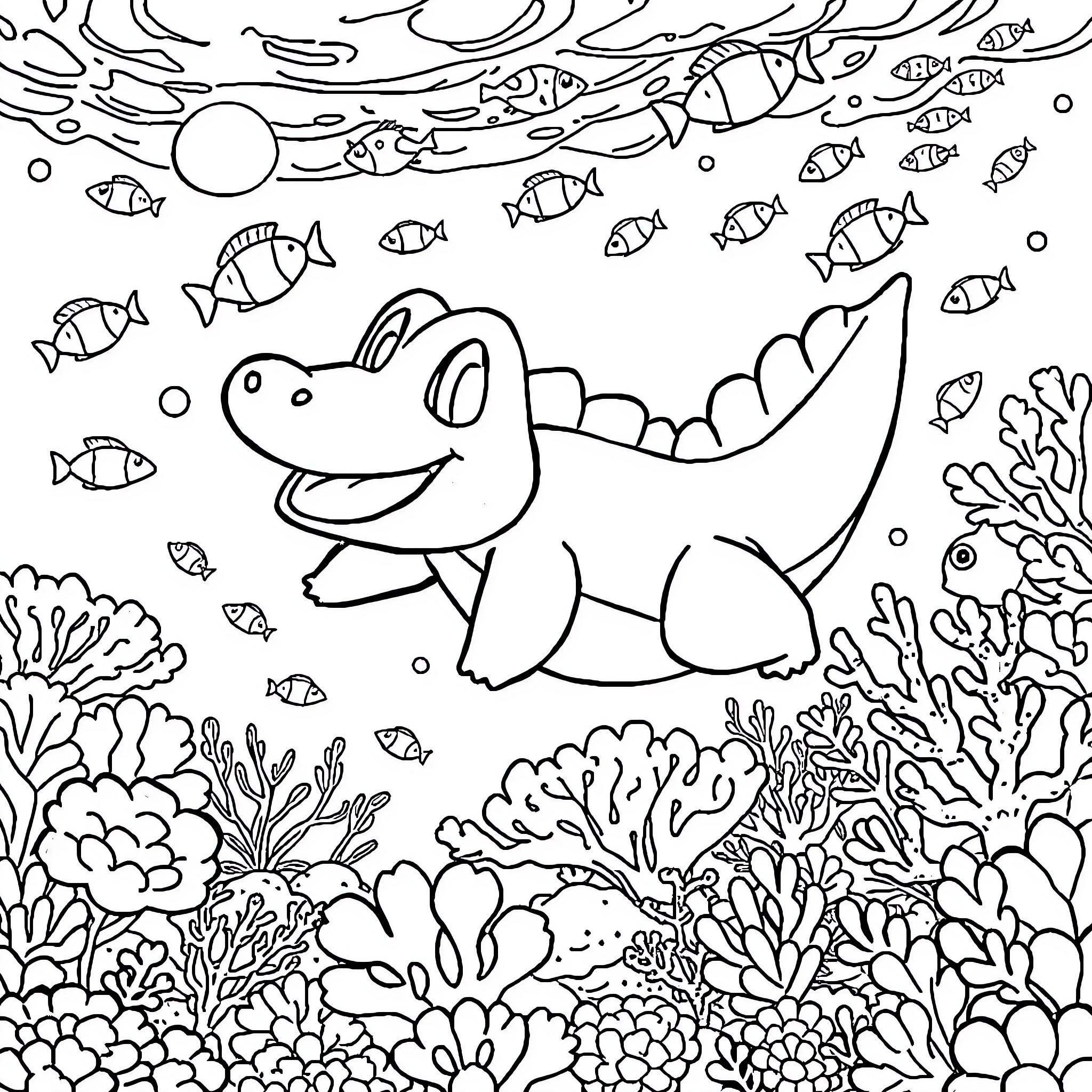 Totodile exploring the underwater coral reef Coloring Page (free black-and-white line drawing printable PDF for all, from beginners to advanced learners, including children, teens, adults, and seniors)