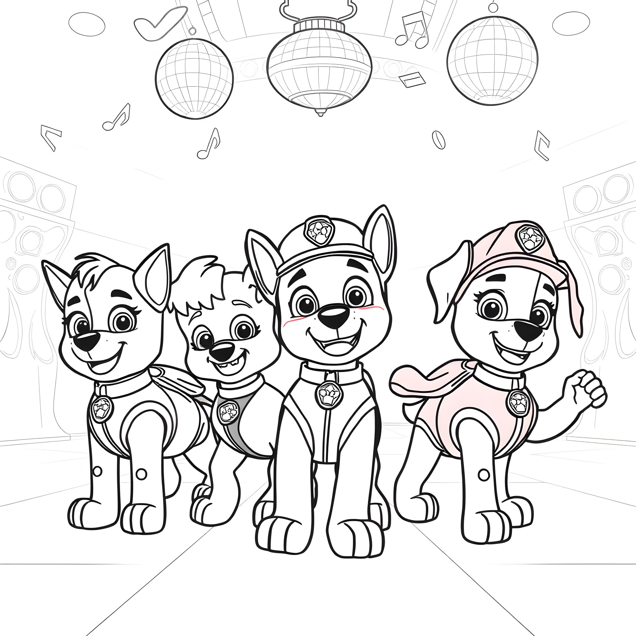 Paw Patrol characters on a mission Coloring Page (free black-and-white line drawing printable PDF for all, from beginners to advanced learners, including children, teens, adults, and seniors)