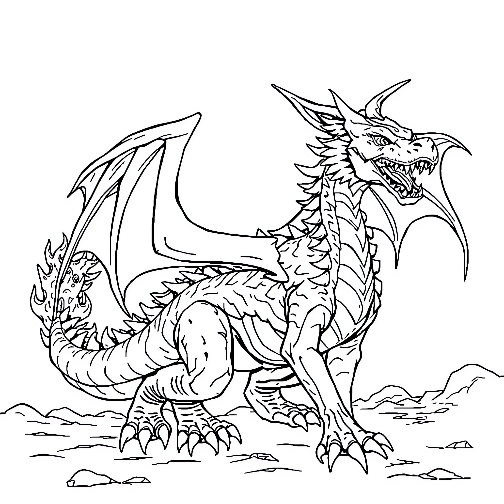 Dragon unleashing its mighty roar in the wild Coloring Page (free black-and-white line drawing printable PDF for all, from beginners to advanced learners, including children, teens, adults, and seniors)