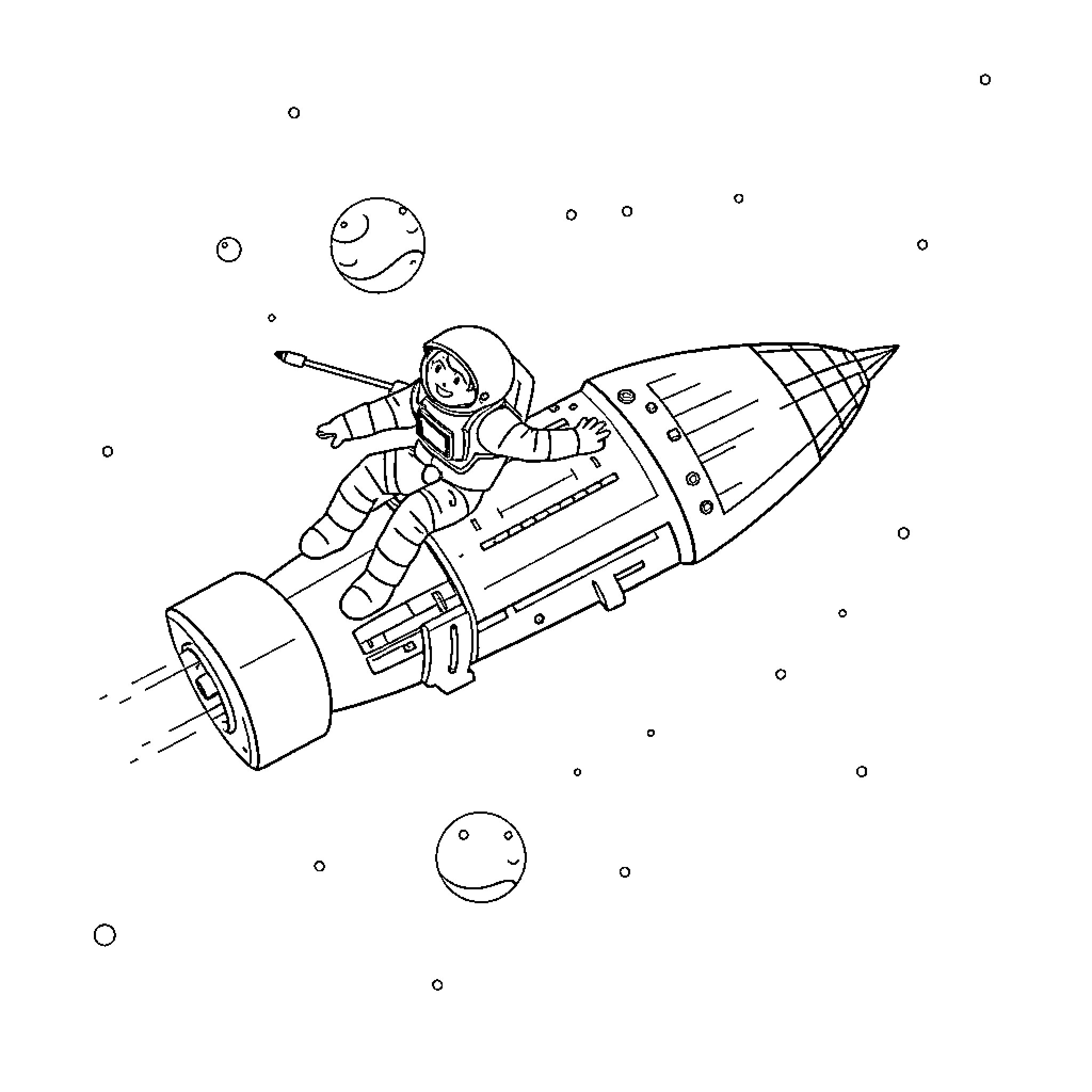 Spacecraft with astronaut exploring outer space Coloring Page (free black-and-white line drawing printable PDF for all, from beginners to advanced learners, including children, teens, adults, and seniors)