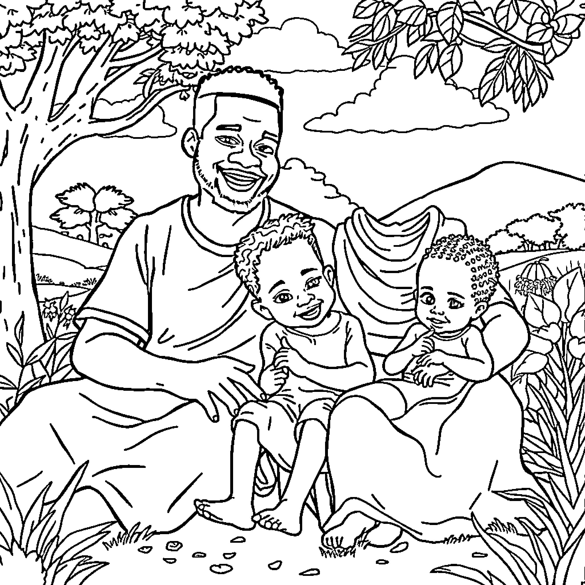 Family enjoying nature together outdoors Coloring Page (free black-and-white line drawing printable PDF for all, from beginners to advanced learners, including children, teens, adults, and seniors)