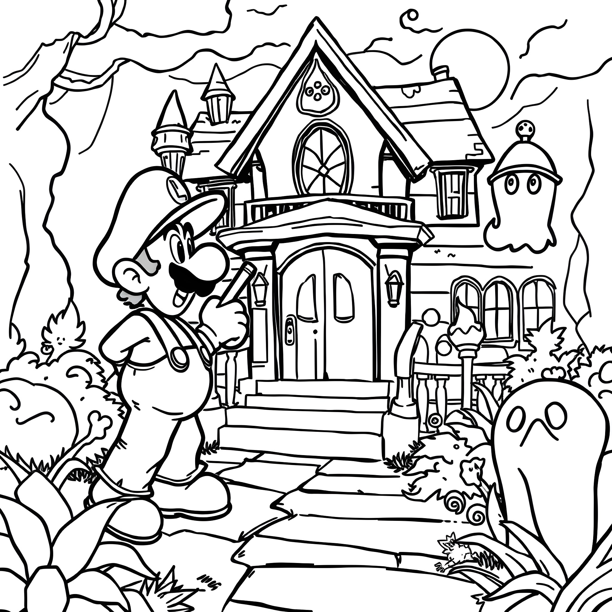Luigi's Haunted House Adventure Coloring Page (free black-and-white line drawing printable PDF for all, from beginners to advanced learners, including children, teens, adults, and seniors)