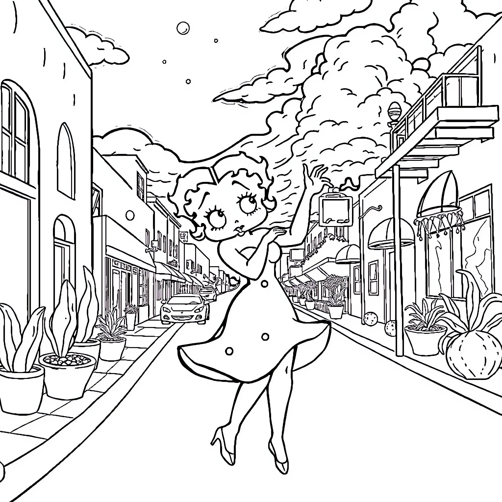 Betty Boop exploring a lively city street Coloring Page (free black-and-white line drawing printable PDF for all, from beginners to advanced learners, including children, teens, adults, and seniors)