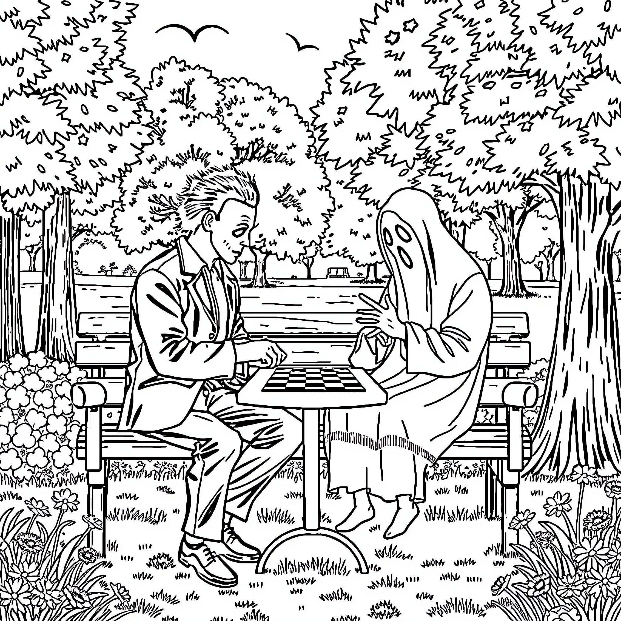 Michael Myers playing chess with a mysterious figure in the park Coloring Page (free black-and-white line drawing printable PDF for all, from beginners to advanced learners, including children, teens, adults, and seniors)