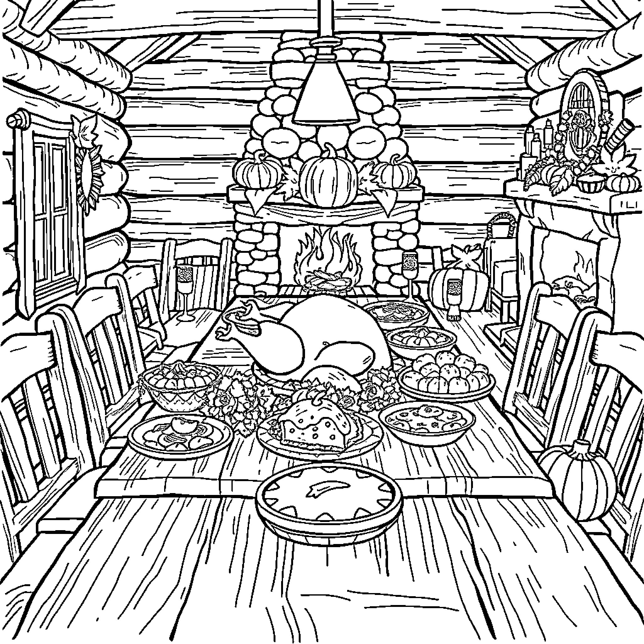 Thanksgiving Feast in a Cozy Log Cabin Coloring Page (free black-and-white line drawing printable PDF for all, from beginners to advanced learners, including children, teens, adults, and seniors)