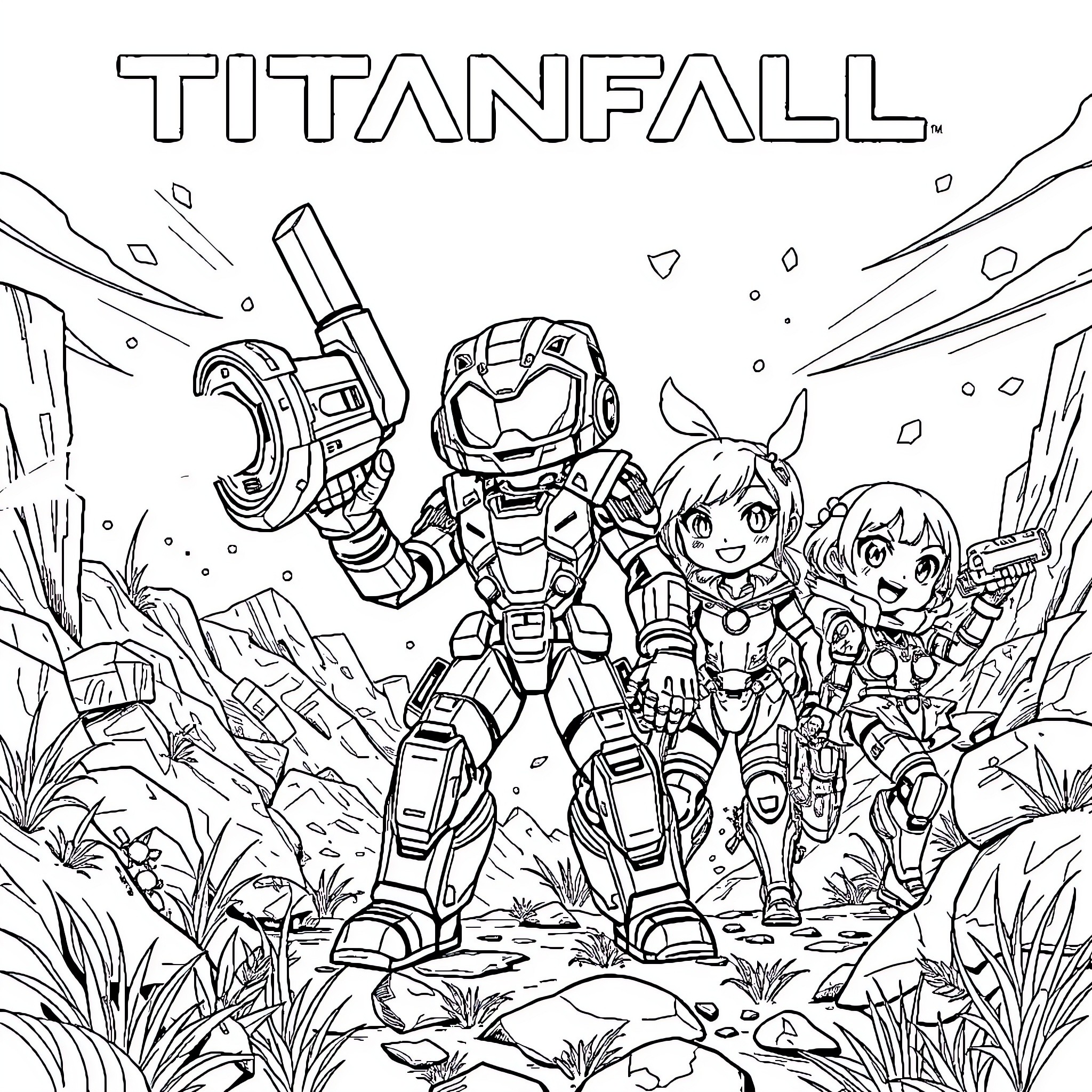 Bluey's Titanfall Adventure Coloring Page (free black-and-white line drawing printable PDF for all, from beginners to advanced learners, including children, teens, adults, and seniors)