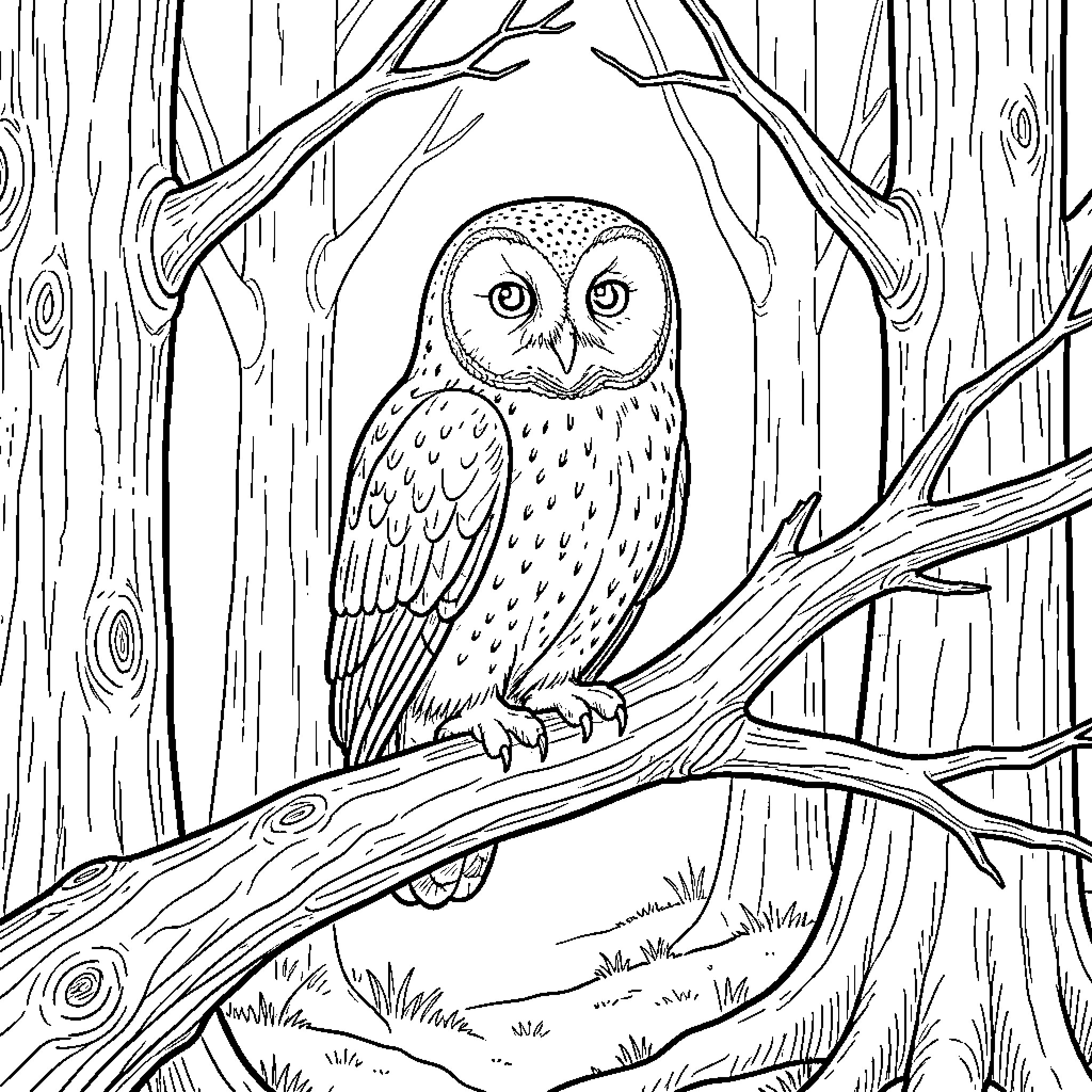 Owl perched calmly on a tree branch in the woods Coloring Page (free black-and-white line drawing printable PDF for all, from beginners to advanced learners, including children, teens, adults, and seniors)