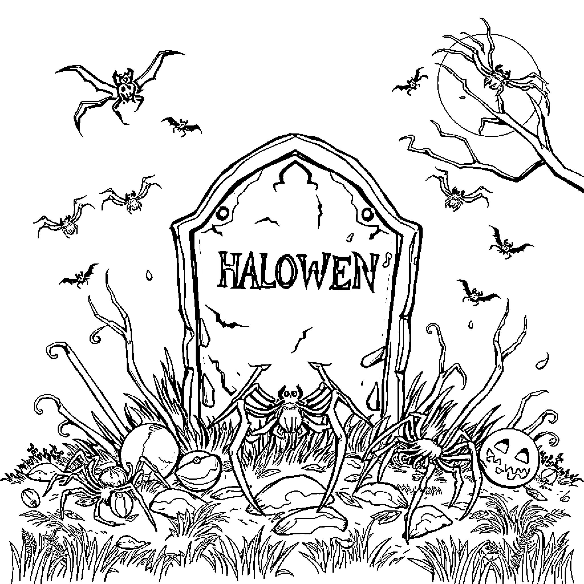 Tombstone of Halloween with spooky elements Coloring Page (free black-and-white line drawing printable PDF for all, from beginners to advanced learners, including children, teens, adults, and seniors)