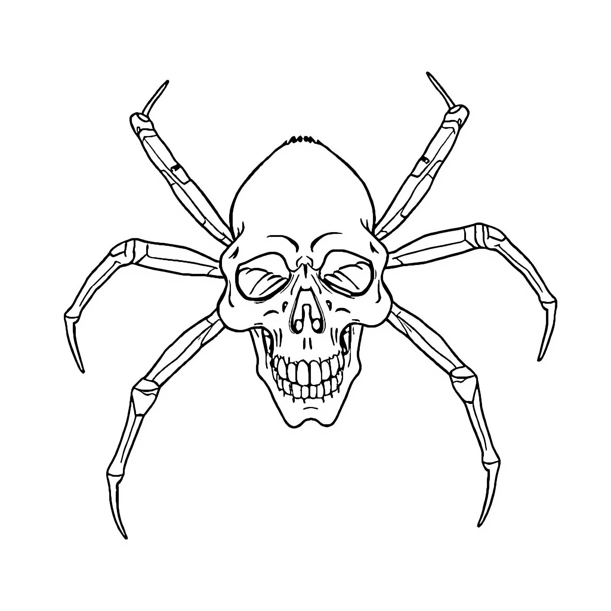 Spider-themed Skull with Menacing Limbs Coloring Page (free black-and-white line drawing printable PDF for all, from beginners to advanced learners, including children, teens, adults, and seniors)