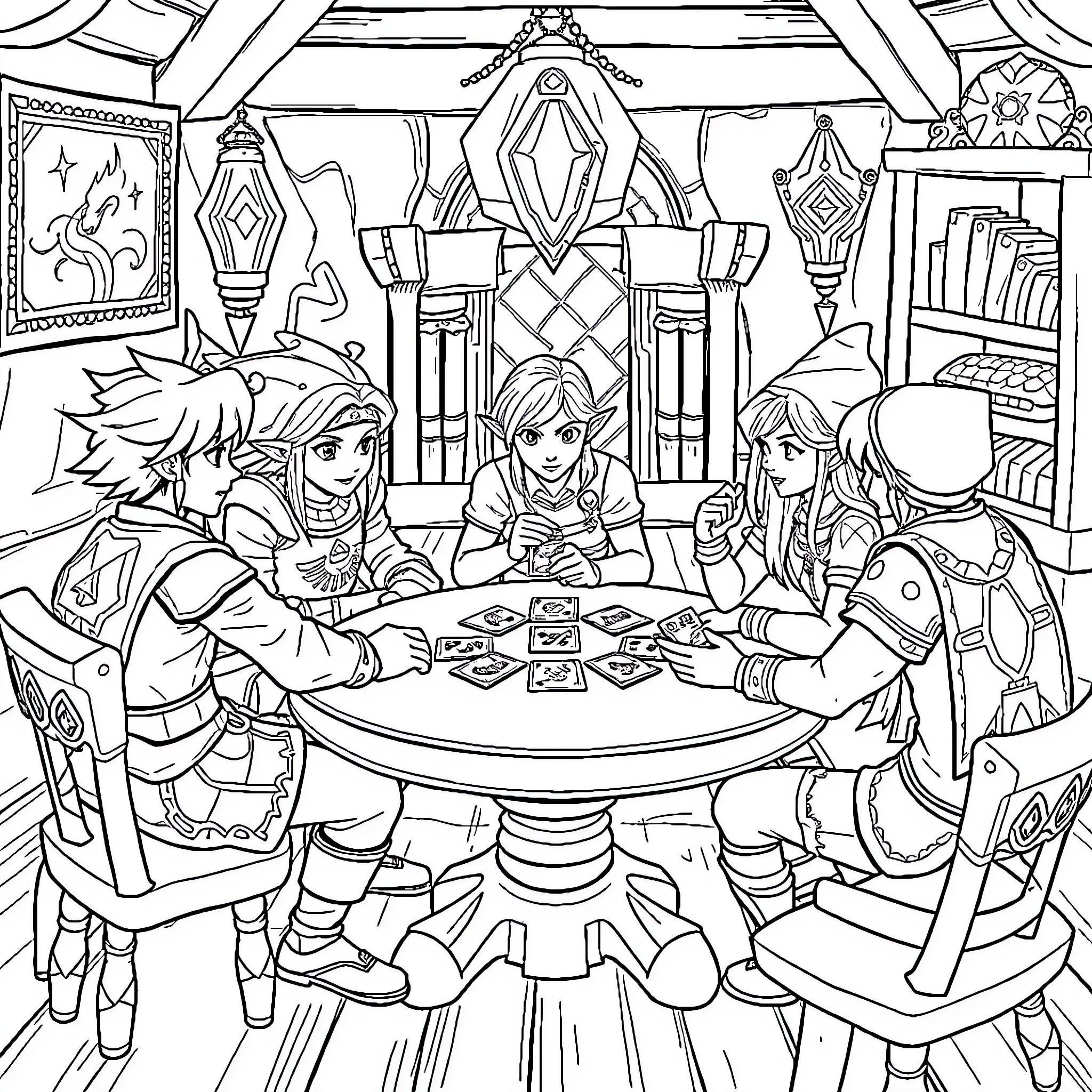 Dragon heroes playing a card game in a fantasy tavern Coloring Page (free black-and-white line drawing printable PDF for all, from beginners to advanced learners, including children, teens, adults, and seniors)