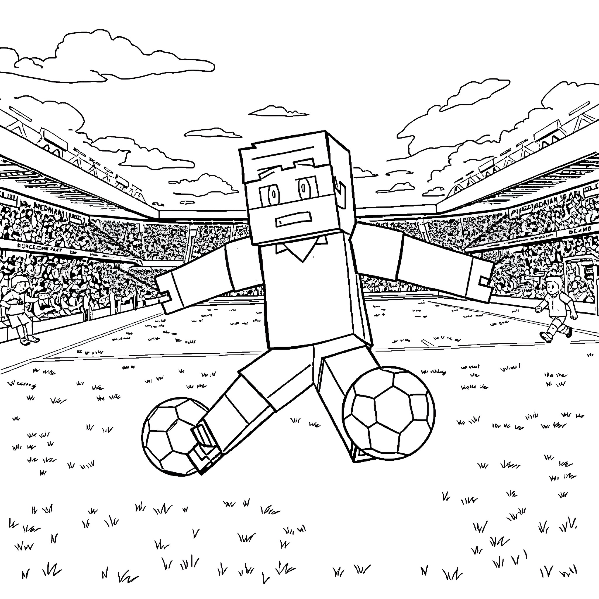 Minecraft Character playing soccer in a stadium Coloring Page (free black-and-white line drawing printable PDF for all, from beginners to advanced learners, including children, teens, adults, and seniors)