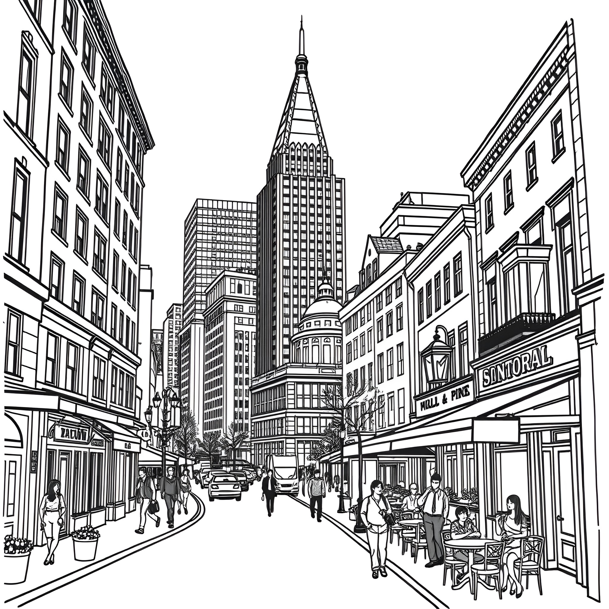 Montreal cityscapes and pedestrian scenes Coloring Page (free black-and-white line drawing printable PDF for all, from beginners to advanced learners, including children, teens, adults, and seniors)