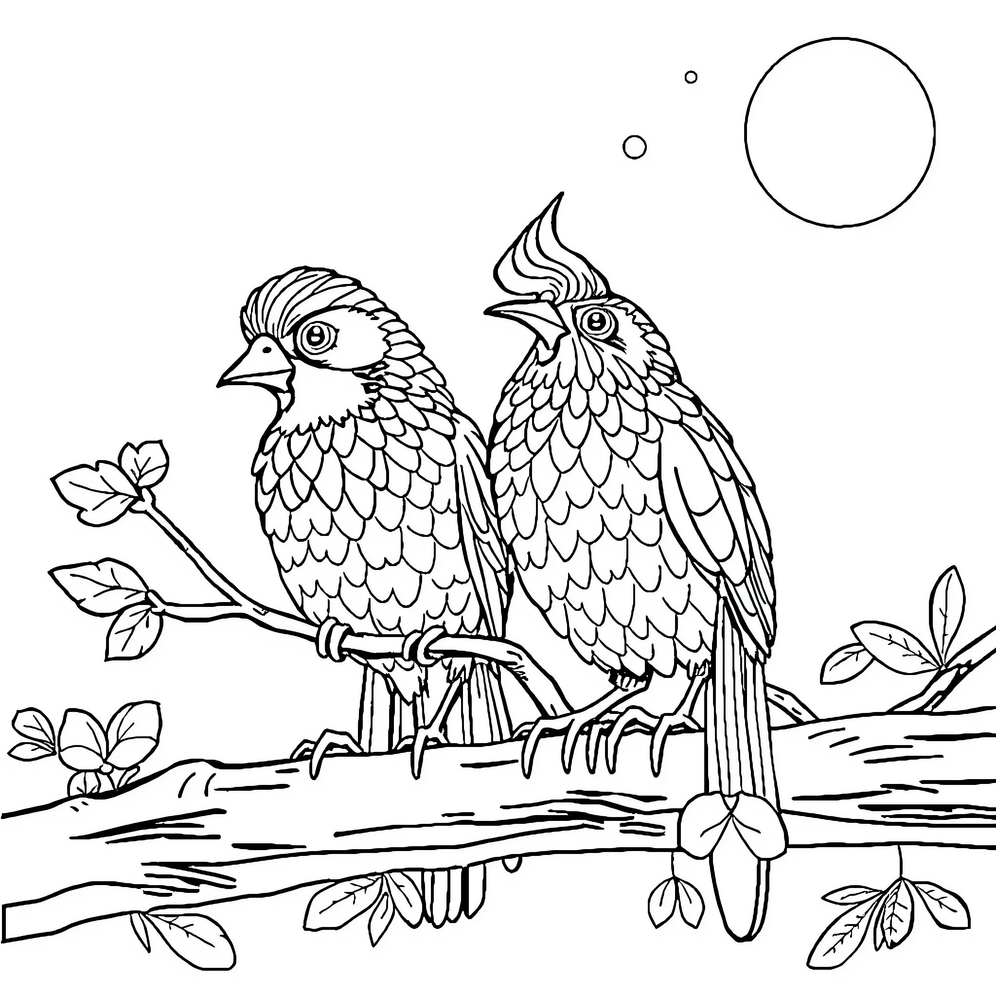 Rose-colored Birds Perched on Branches Coloring Page (free black-and-white line drawing printable PDF for all, from beginners to advanced learners, including children, teens, adults, and seniors)