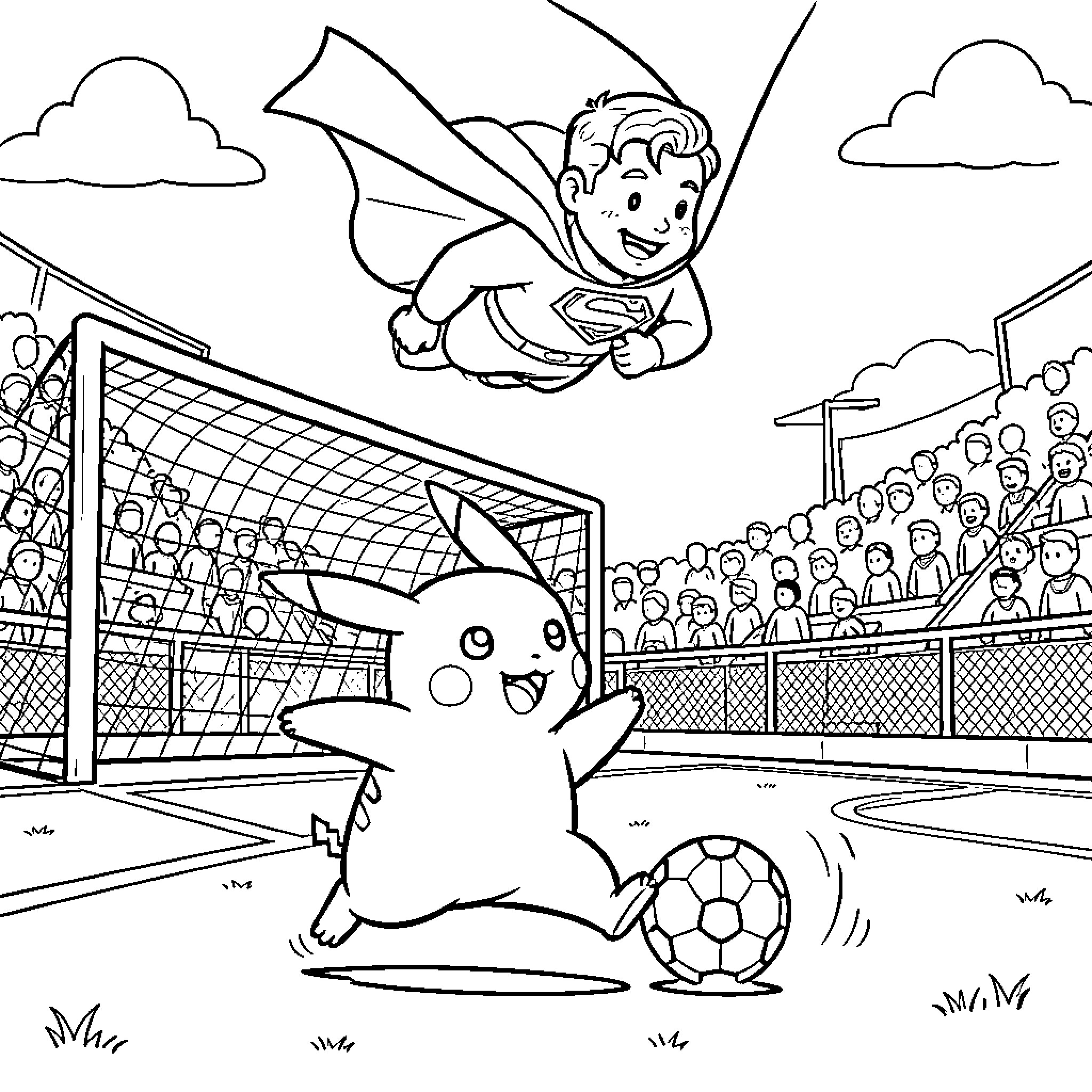 Pikachu playing soccer in a stadium with a superhero Coloring Page (free black-and-white line drawing printable PDF for all, from beginners to advanced learners, including children, teens, adults, and seniors)
