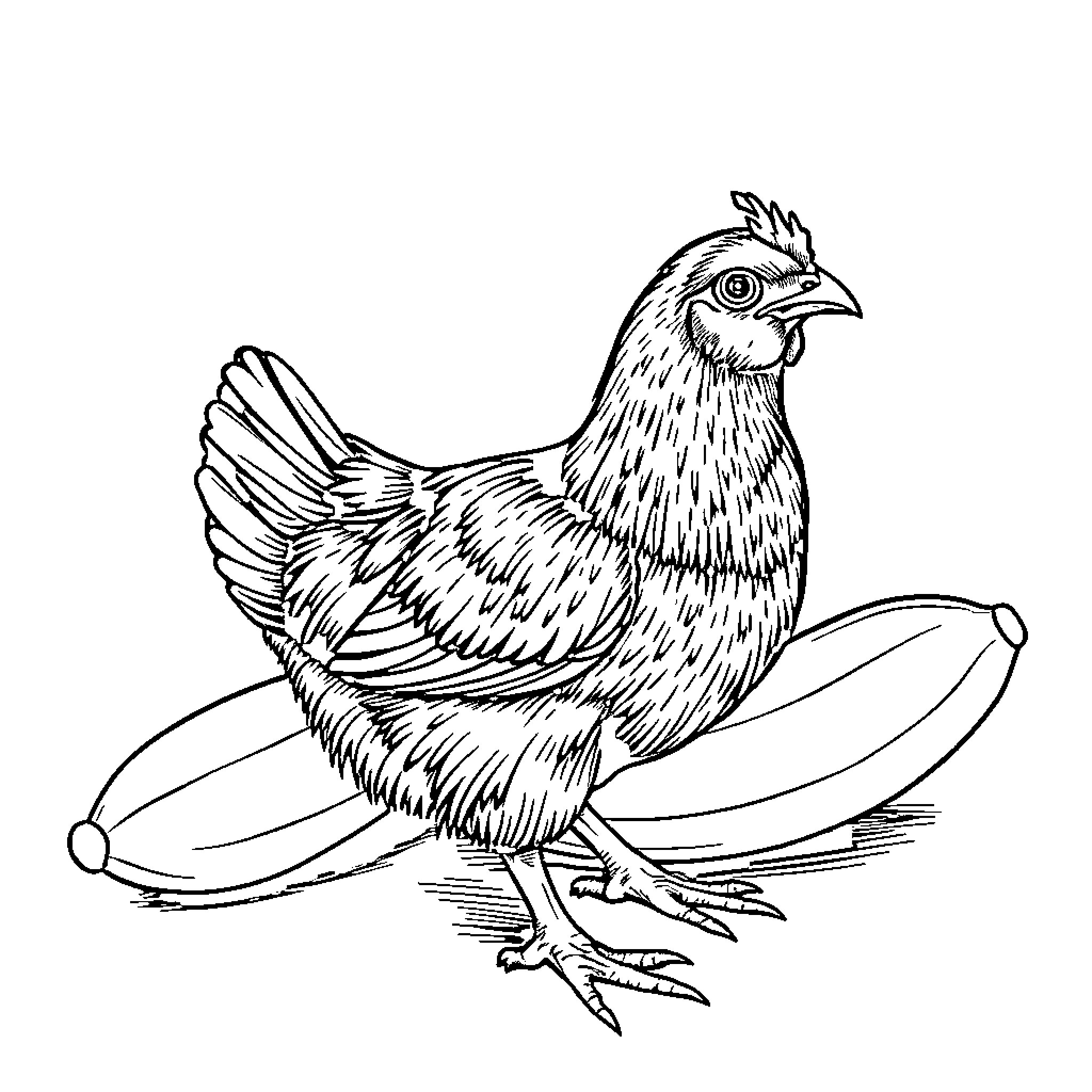 Chicken in a playful stance Coloring Page (free black-and-white line drawing printable PDF for all, from beginners to advanced learners, including children, teens, adults, and seniors)