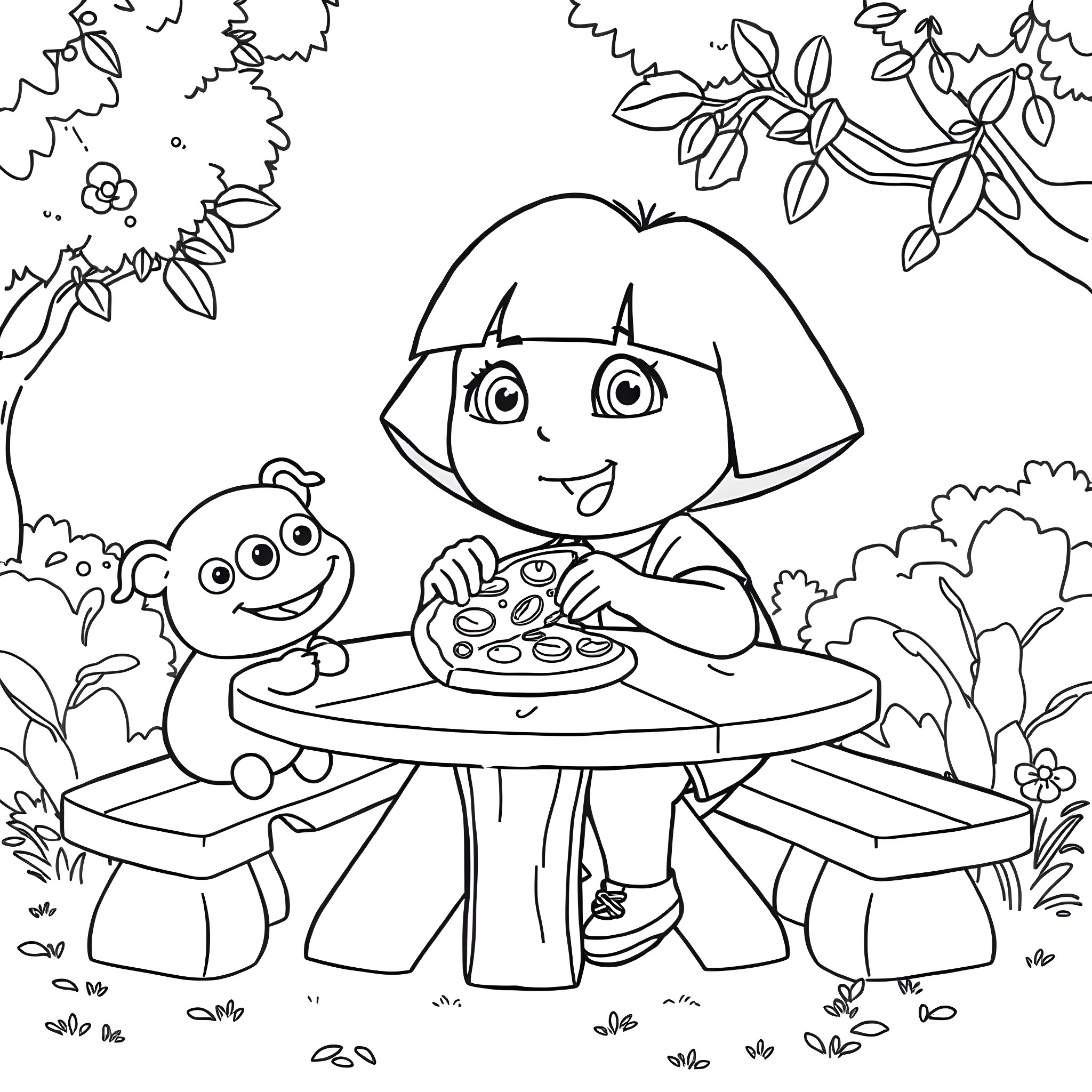 Dora having a picnic with her friend in the forest Coloring Page (free black-and-white line drawing printable PDF for all, from beginners to advanced learners, including children, teens, adults, and seniors)